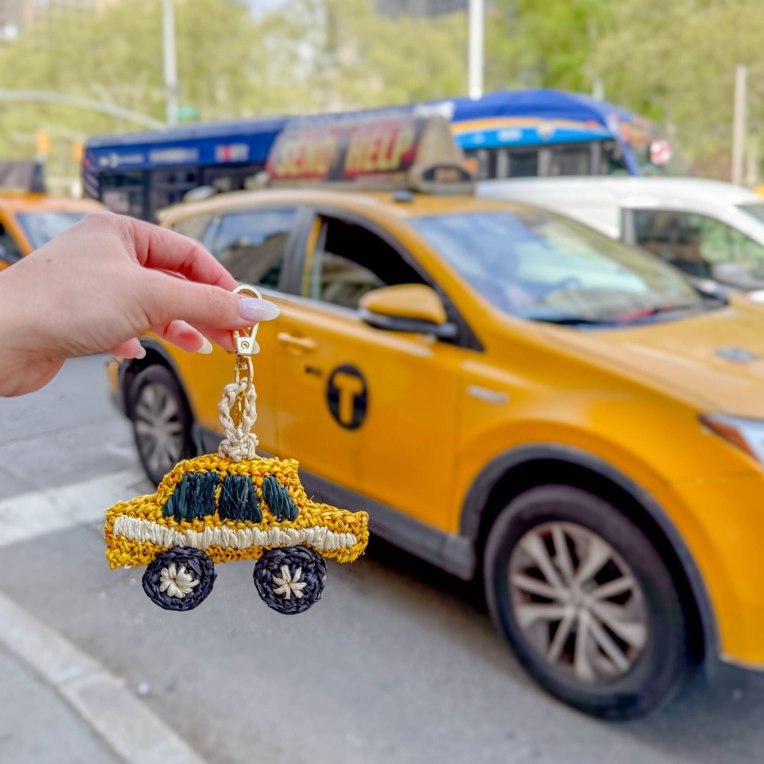 Bag charms - NYC Taxi Cab Bag Charm – Raffia Crochet Novelty Keychain | LIKHÂ - LIKHÂ