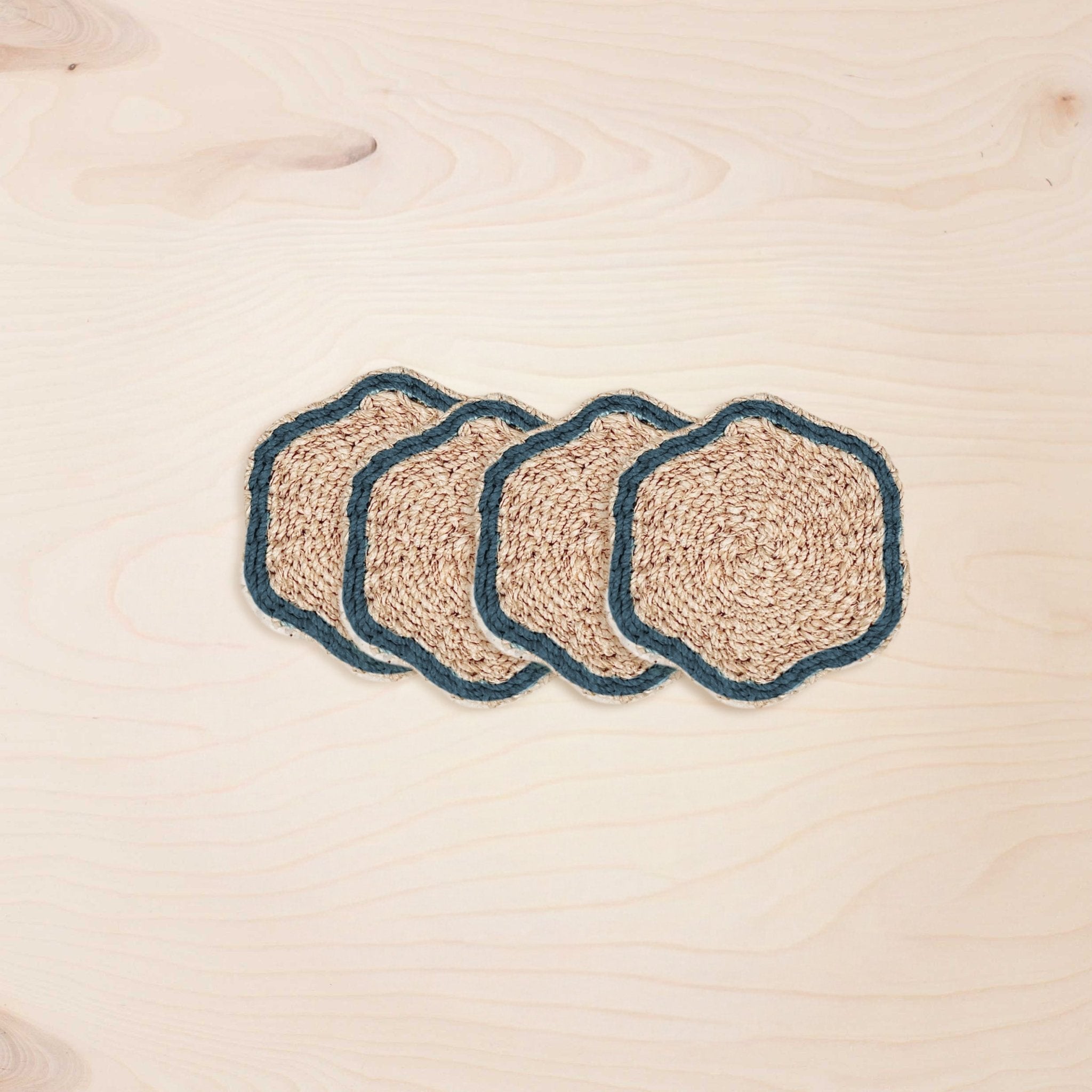 Coasters - Blue Trim Scallop Coasters, set of 4 – Artisan Woven Coasters | LIKHÂ - LIKHÂ