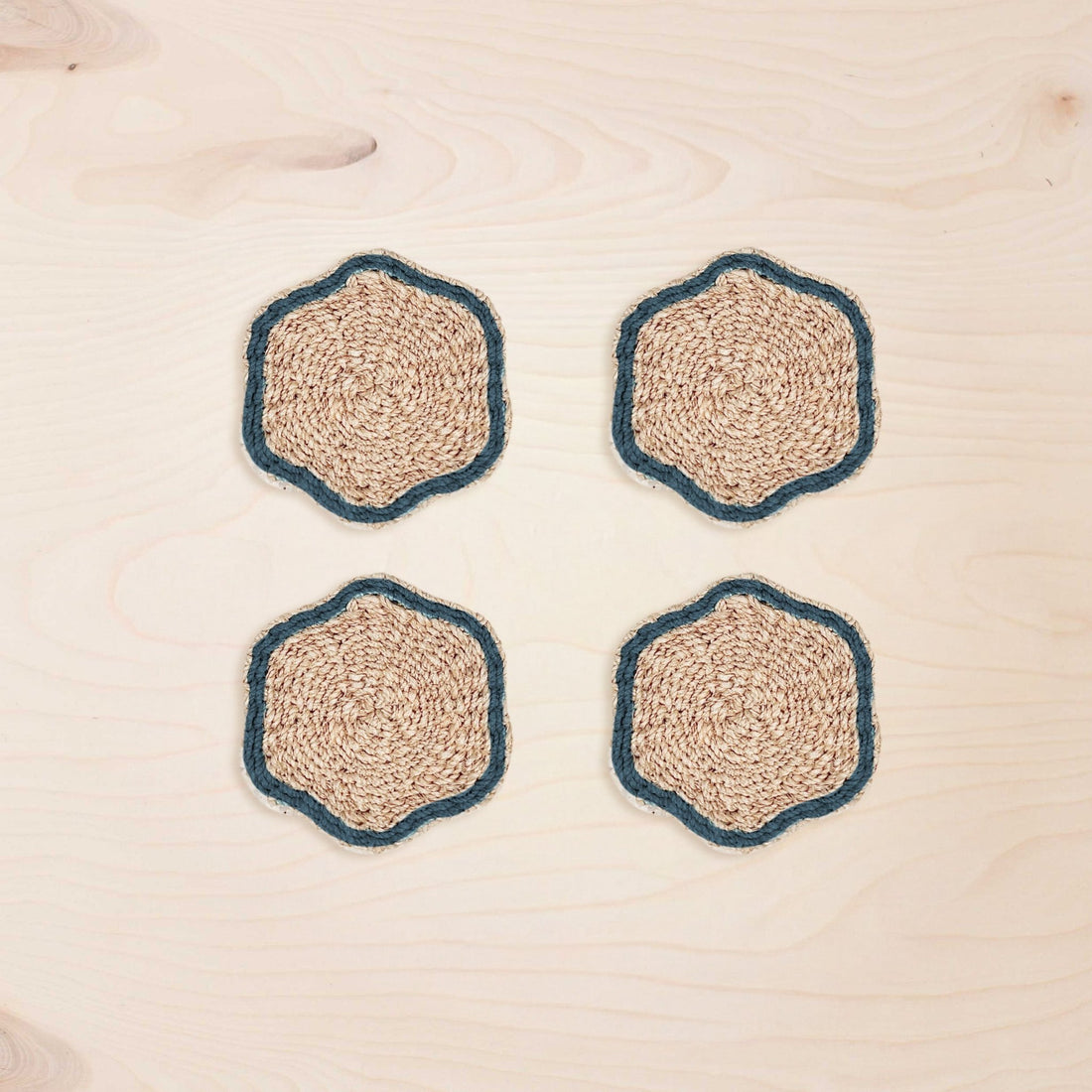 Coasters - Blue Trim Scallop Coasters, set of 4 – Artisan Woven Coasters | LIKHÂ - LIKHÂ