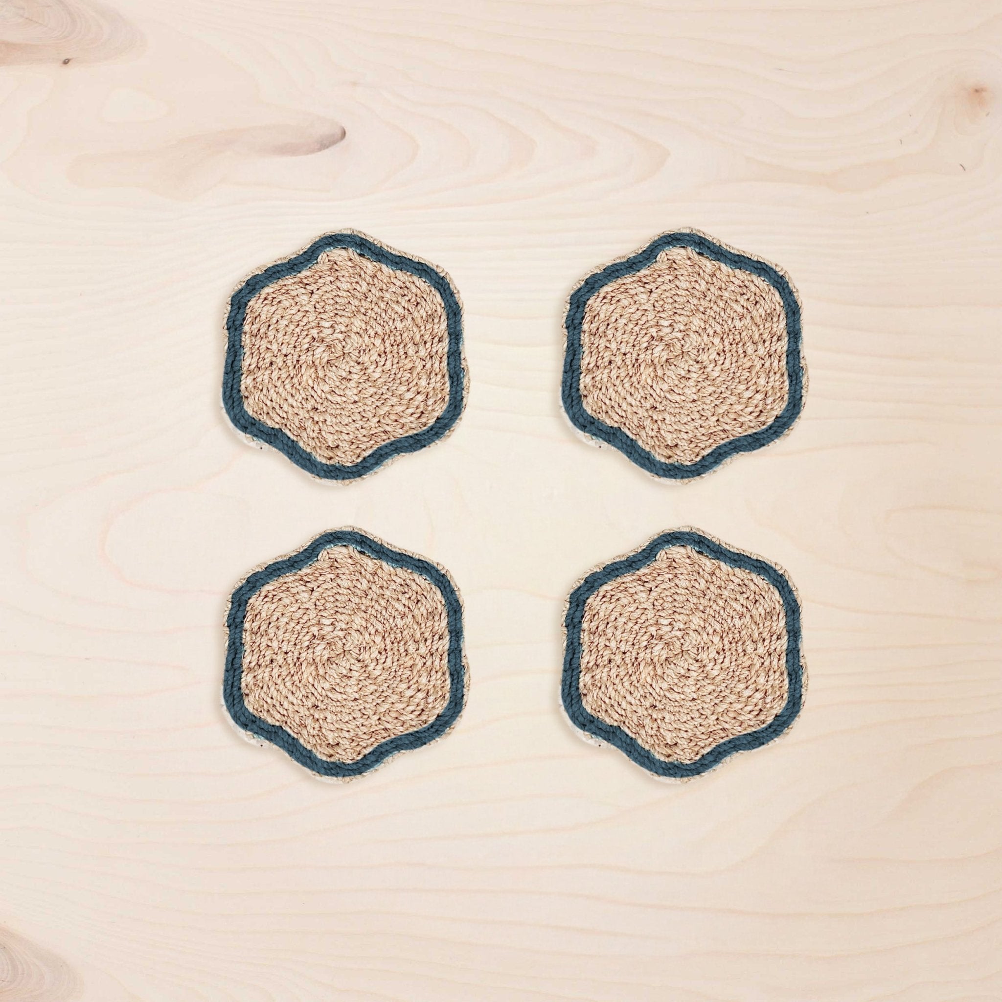 Coasters - Blue Trim Scallop Coasters, set of 4 – Artisan Woven Coasters | LIKHÂ - LIKHÂ