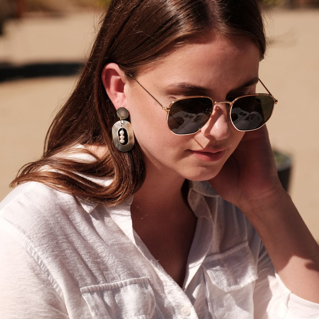 Earrings, Jewelry - Black Mother of Pearl Dangle Earrings - Oval with Inner Pearl | LIKHÂ - LIKHÂ