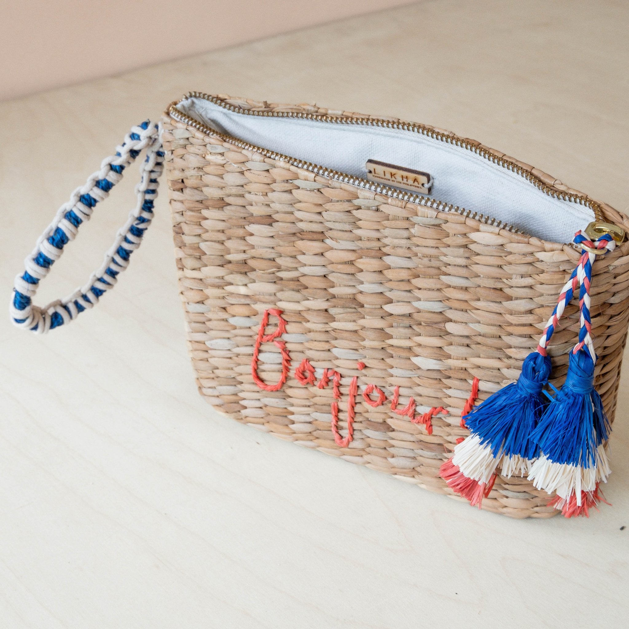Handbags - Mini Woven Pouch with Wristlet and Embroidered Bonjour – Handwoven Wristlet | LIKHÂ - LIKHÂ