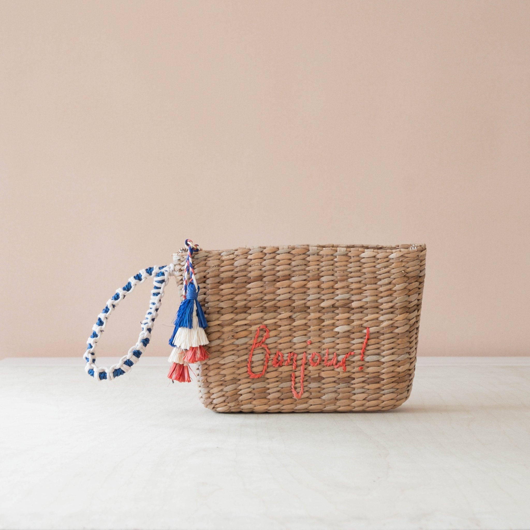 Handbags - Mini Woven Pouch with Wristlet and Embroidered Bonjour – Handwoven Wristlet | LIKHÂ - LIKHÂ