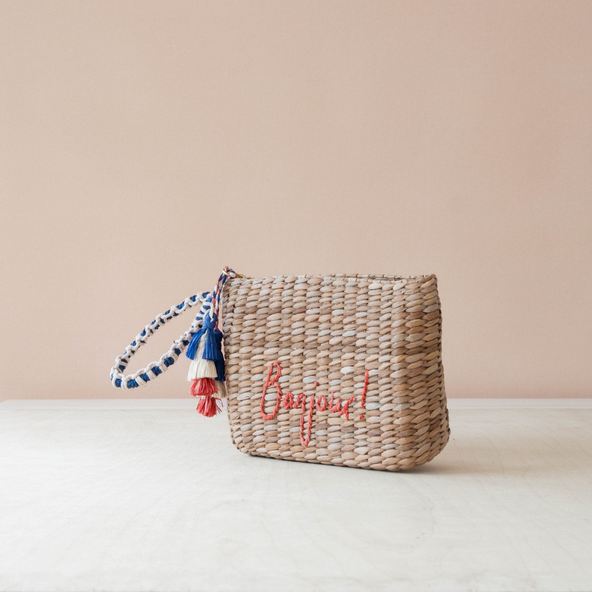 Handbags - Mini Woven Pouch with Wristlet and Embroidered Bonjour – Handwoven Wristlet | LIKHÂ - LIKHÂ