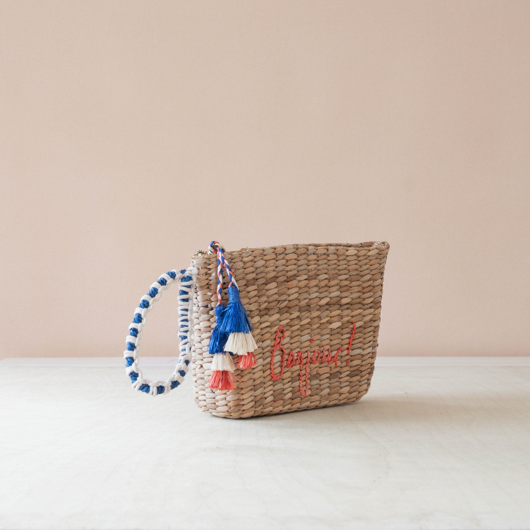 Handbags - Mini Woven Pouch with Wristlet and Embroidered Bonjour – Handwoven Wristlet | LIKHÂ - LIKHÂ