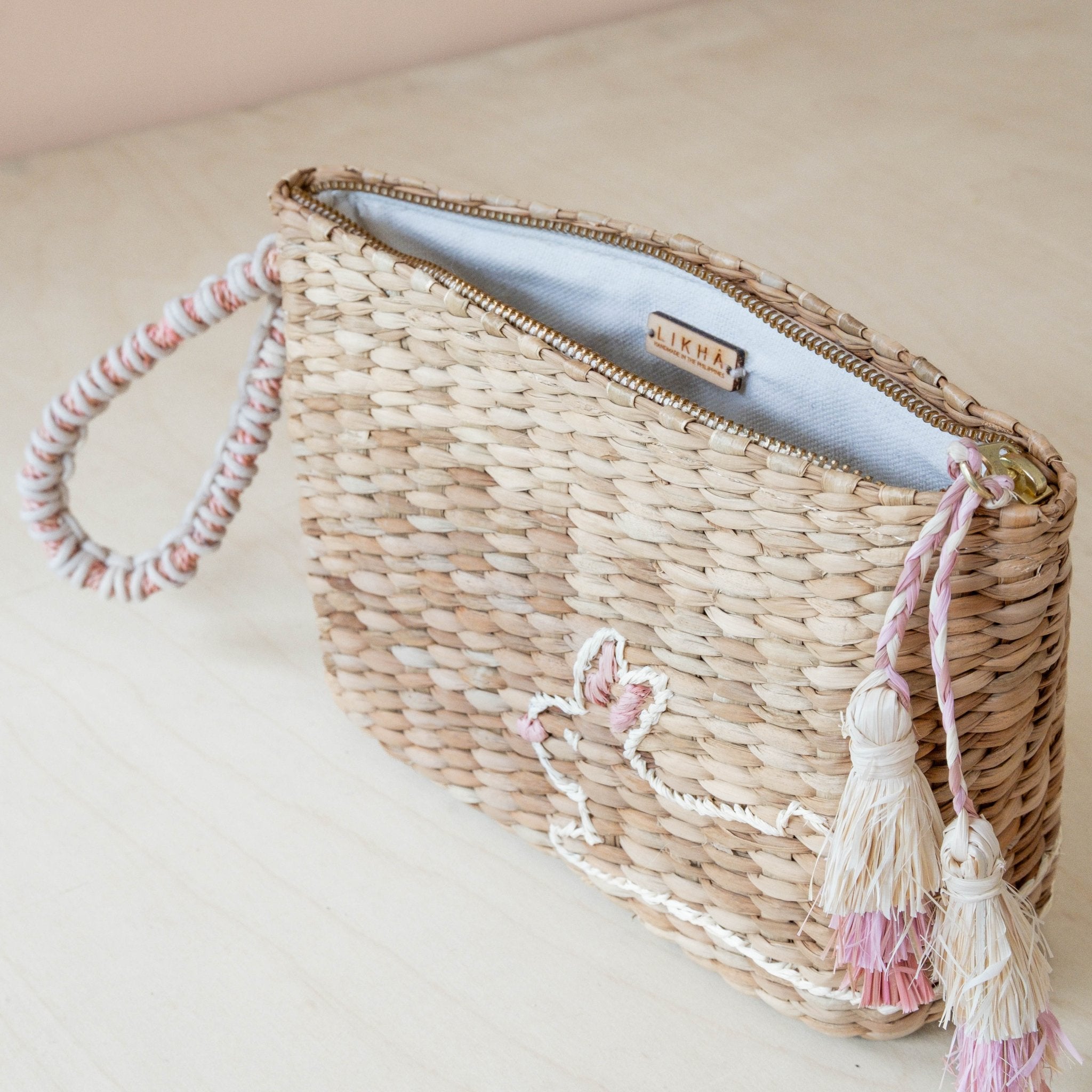 Handbags - Mini Woven Pouch with Wristlet and Embroidered Bunny – Handcrafted Wristlet | LIKHÂ - LIKHÂ