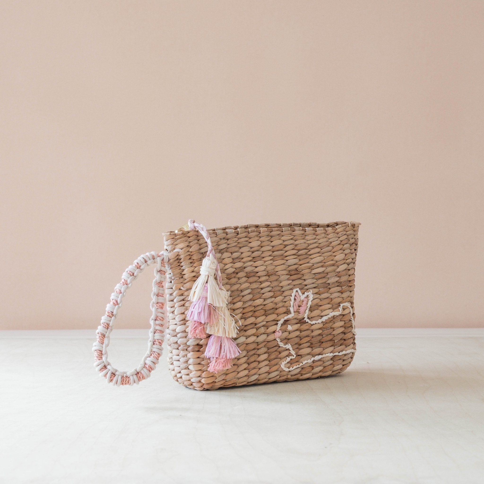 Handbags - Mini Woven Pouch with Wristlet and Embroidered Bunny – Handcrafted Wristlet | LIKHÂ - LIKHÂ