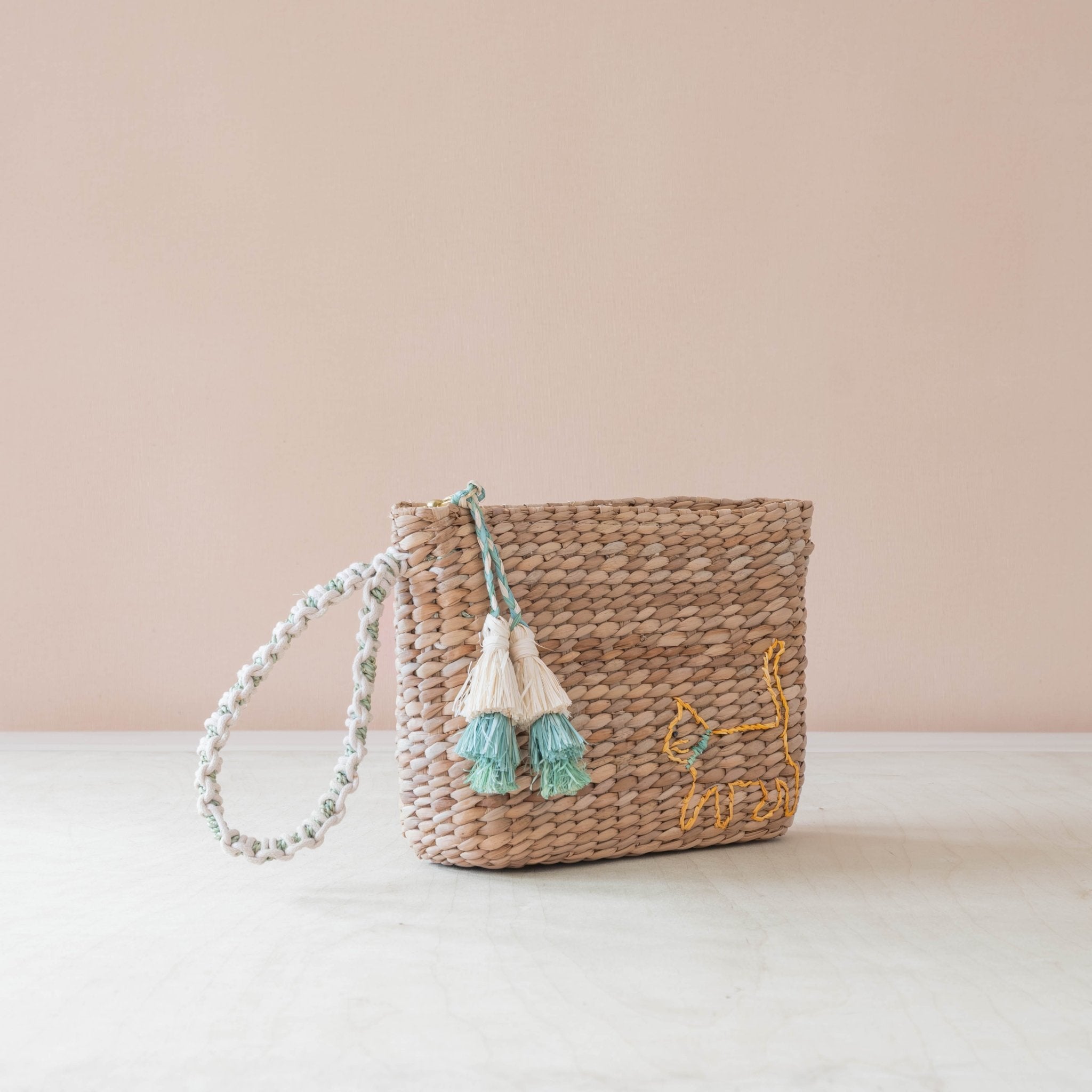 Handbags - Mini Woven Pouch with Wristlet and Embroidered Cat – Handwoven Wristlet | LIKHÂ - LIKHÂ