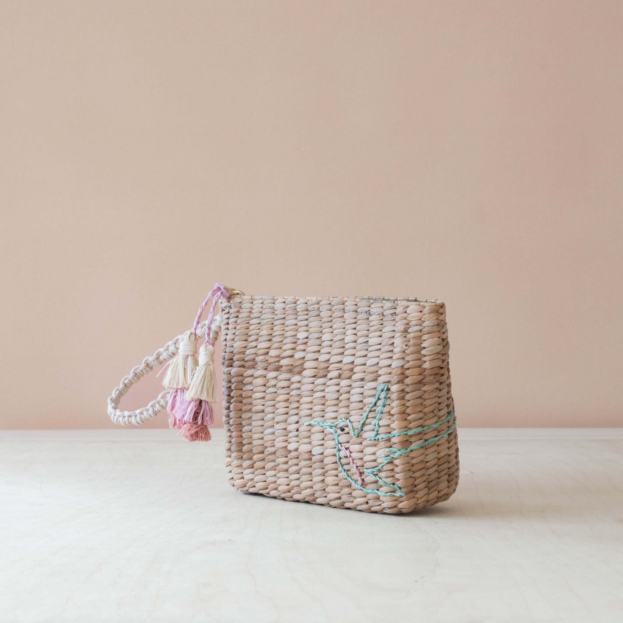 Handbags - Mini Woven Pouch with Wristlet and Embroidered Hummingbird – Designer Pouch | LIKHÂ - LIKHÂ