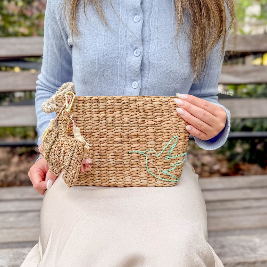 Handbags - Mini Woven Pouch with Wristlet and Embroidered Hummingbird – Designer Pouch | LIKHÂ - LIKHÂ