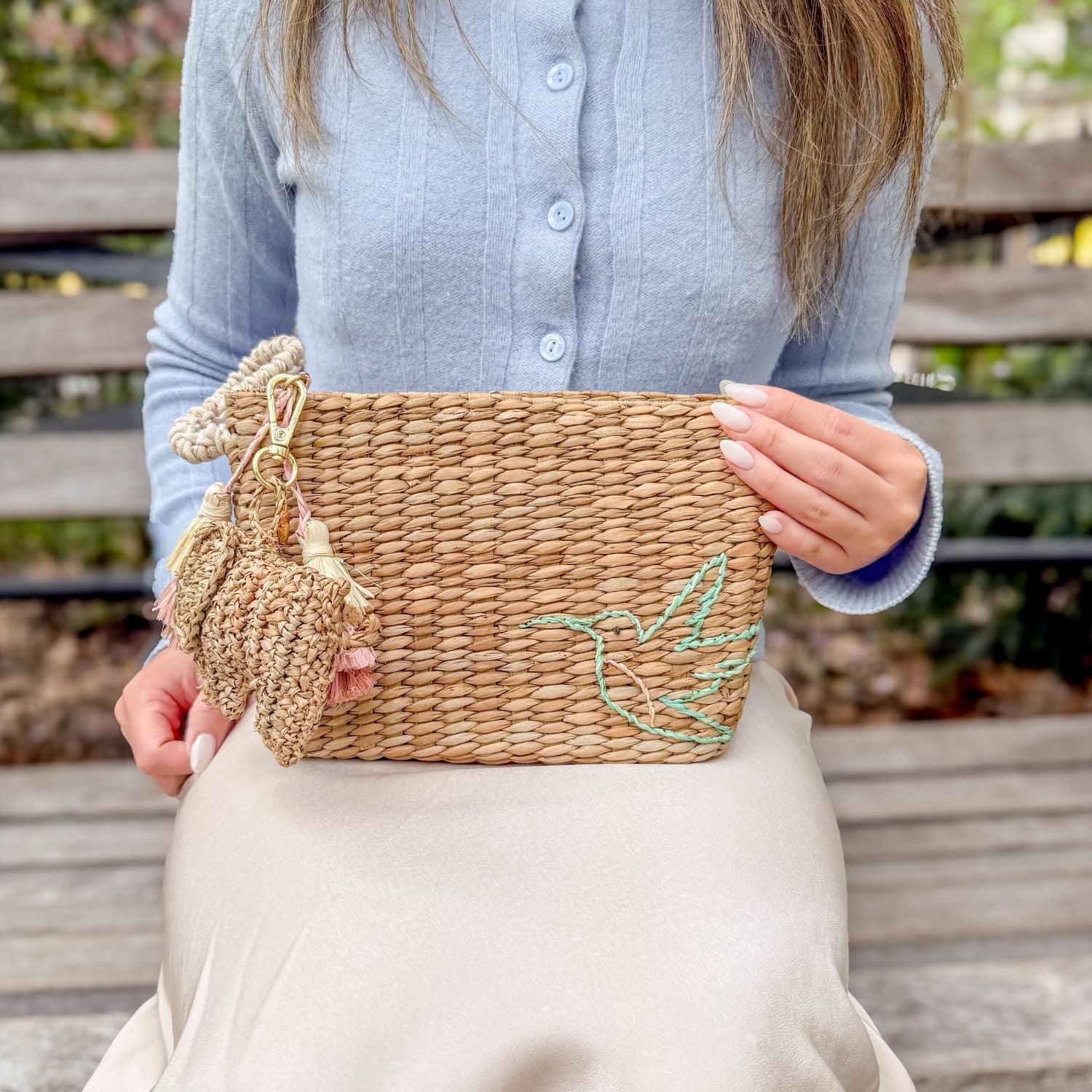 Handbags - Mini Woven Pouch with Wristlet and Embroidered Hummingbird – Designer Pouch | LIKHÂ - LIKHÂ