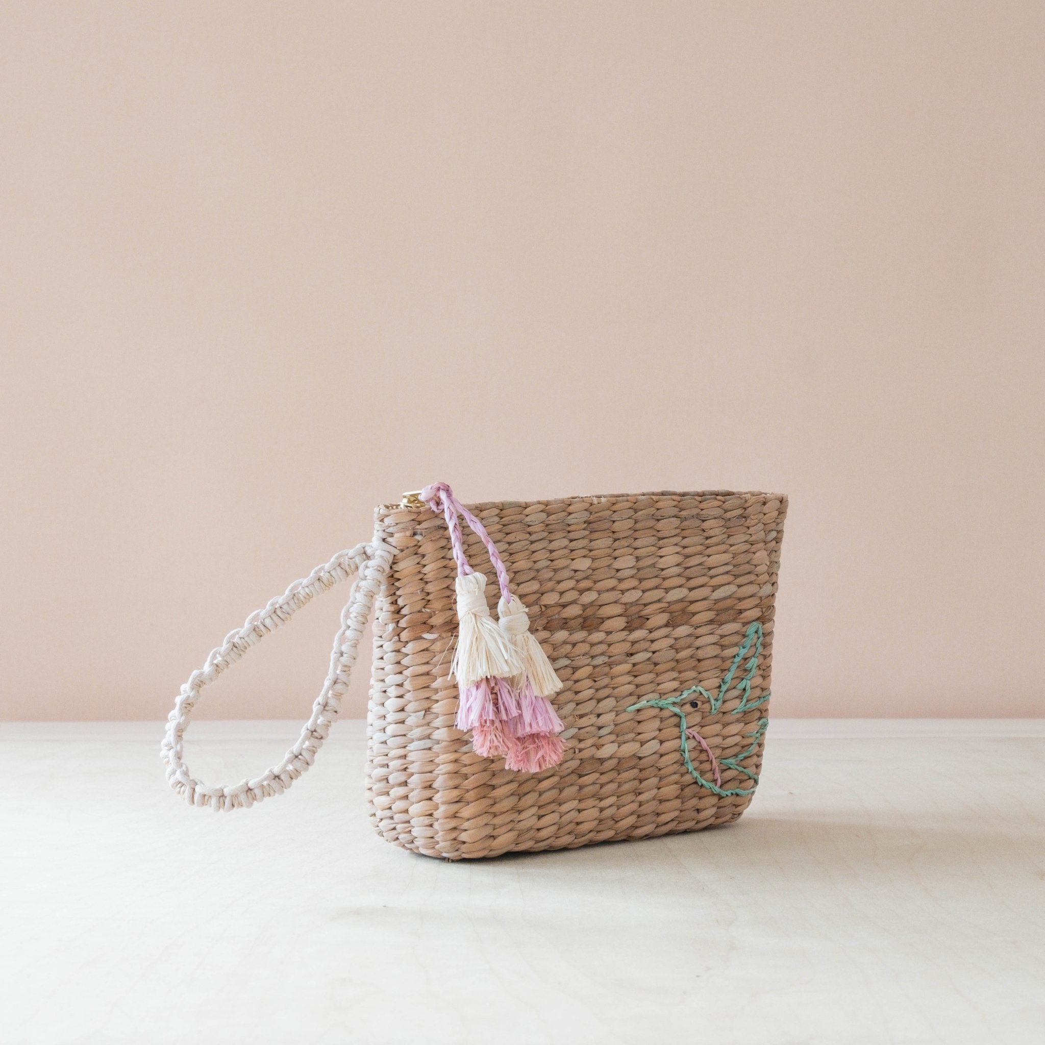 Handbags - Mini Woven Pouch with Wristlet and Embroidered Hummingbird – Designer Pouch | LIKHÂ - LIKHÂ
