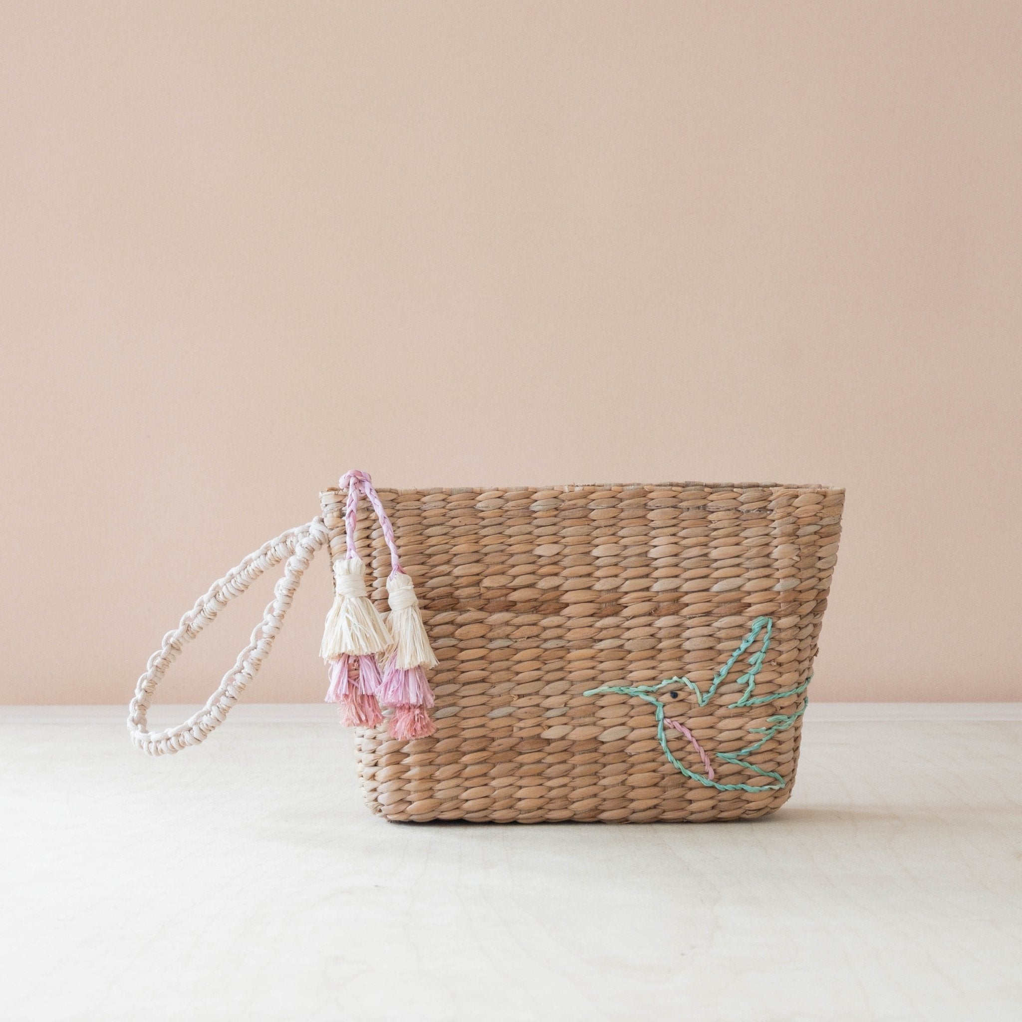 Handbags - Mini Woven Pouch with Wristlet and Embroidered Hummingbird – Designer Pouch | LIKHÂ - LIKHÂ
