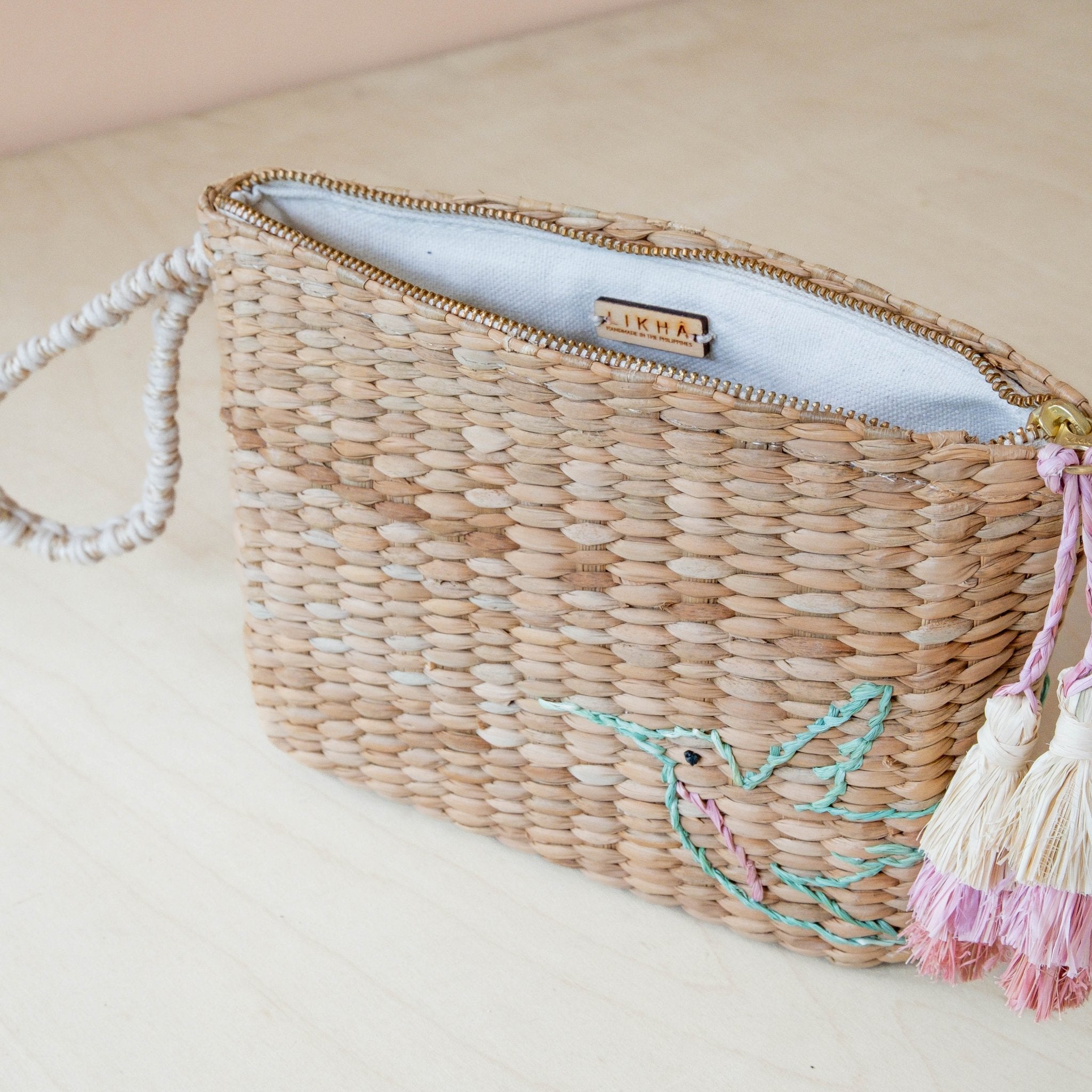 Handbags - Mini Woven Pouch with Wristlet and Embroidered Hummingbird – Designer Pouch | LIKHÂ - LIKHÂ