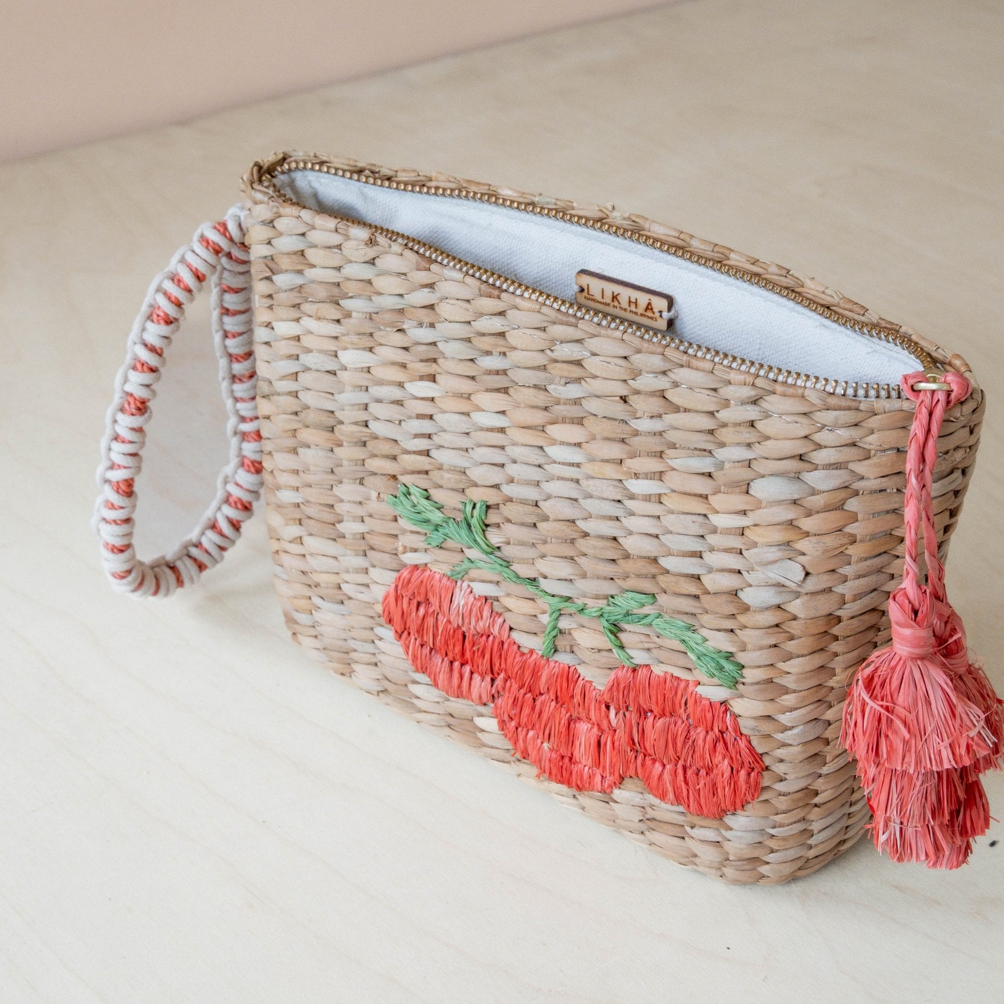 Handbags - Mini Woven Pouch with Wristlet and Embroidered Tomato – Artisan Wristlet | LIKHÂ - LIKHÂ