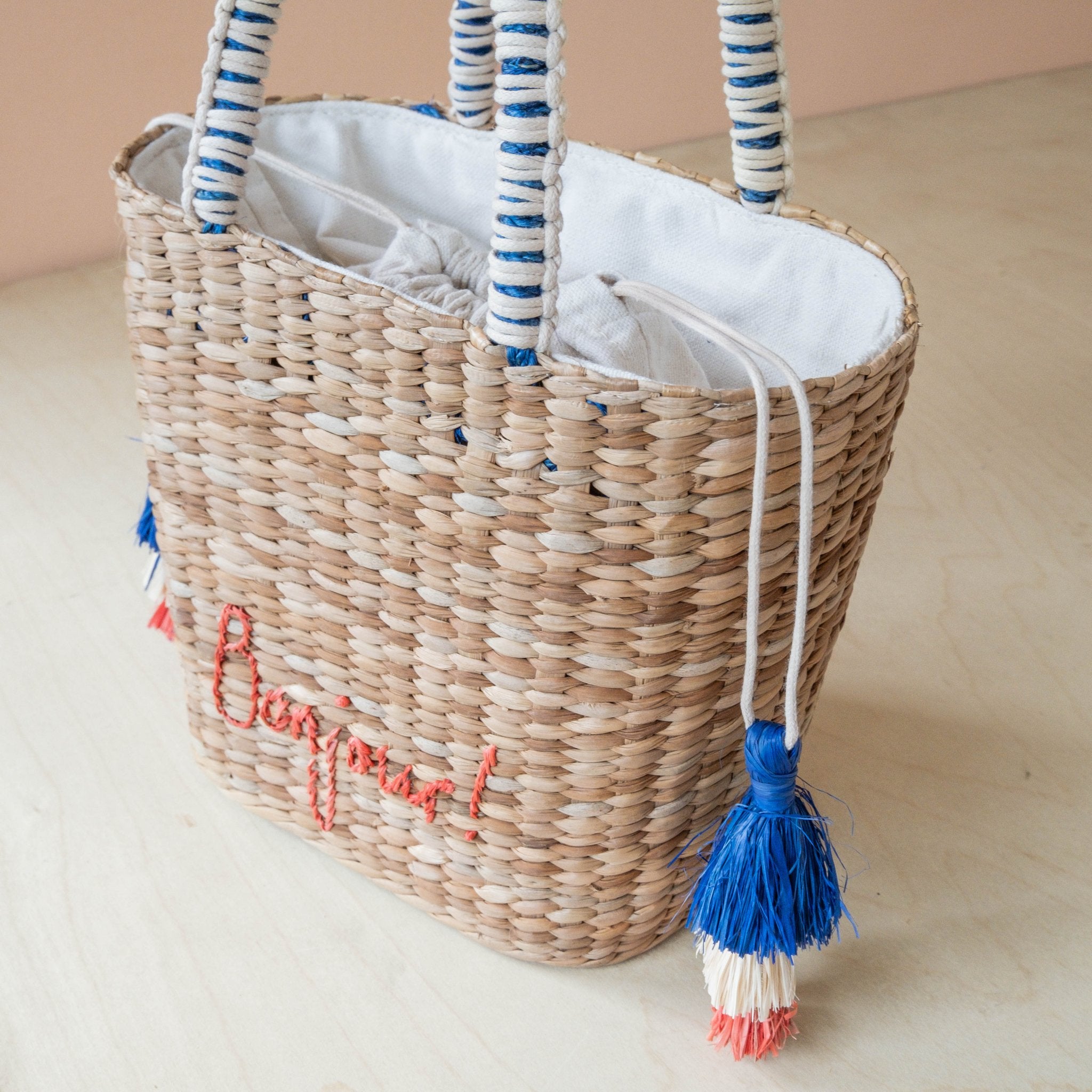 Handbags - Mini Woven Tote Bag with Embroidered Bonjour – Handwoven Beach Tote | LIKHÂ - LIKHÂ