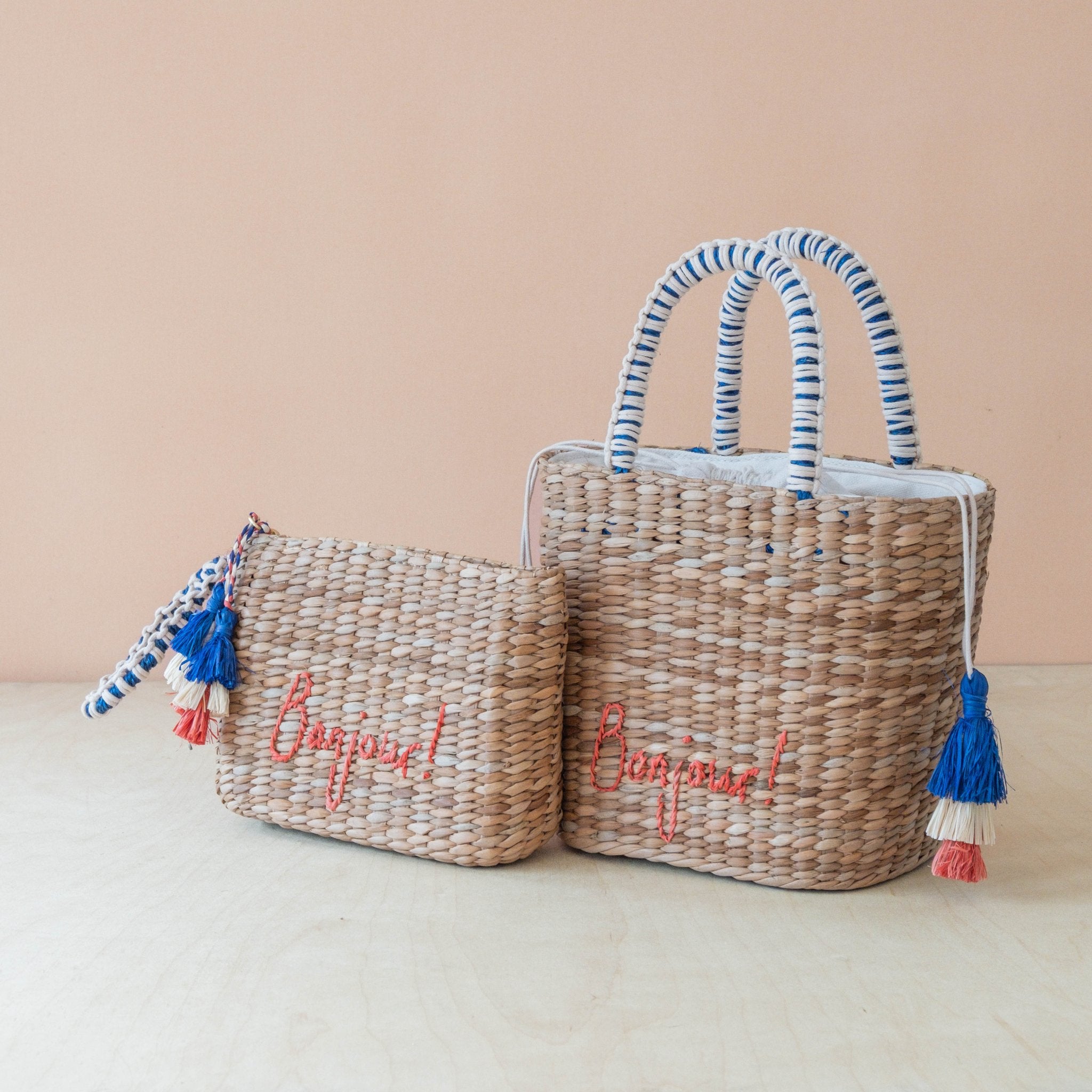 Handbags - Mini Woven Tote Bag with Embroidered Bonjour – Handwoven Beach Tote | LIKHÂ - LIKHÂ