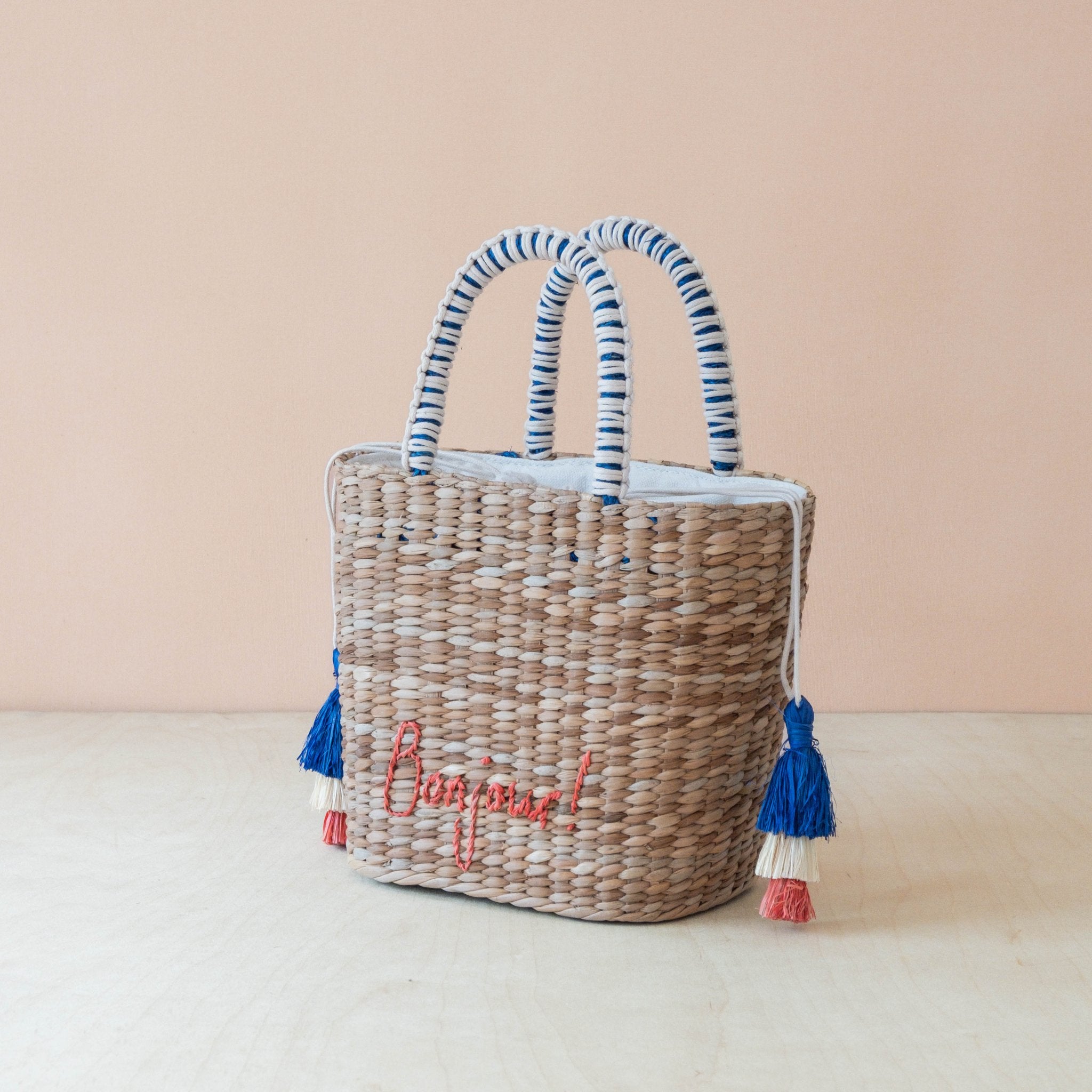 Handbags - Mini Woven Tote Bag with Embroidered Bonjour – Handwoven Beach Tote | LIKHÂ - LIKHÂ