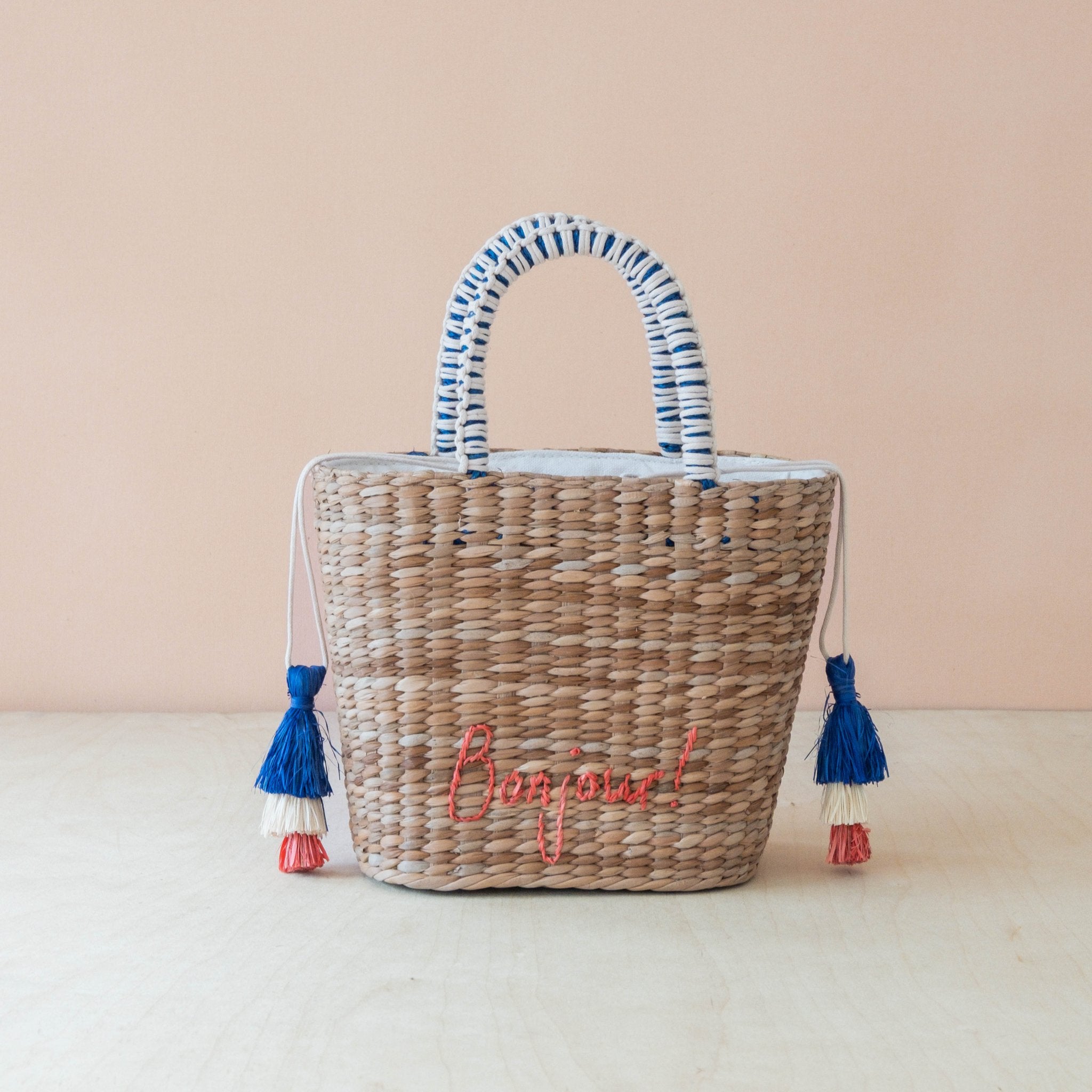 Handbags - Mini Woven Tote Bag with Embroidered Bonjour – Handwoven Beach Tote | LIKHÂ - LIKHÂ