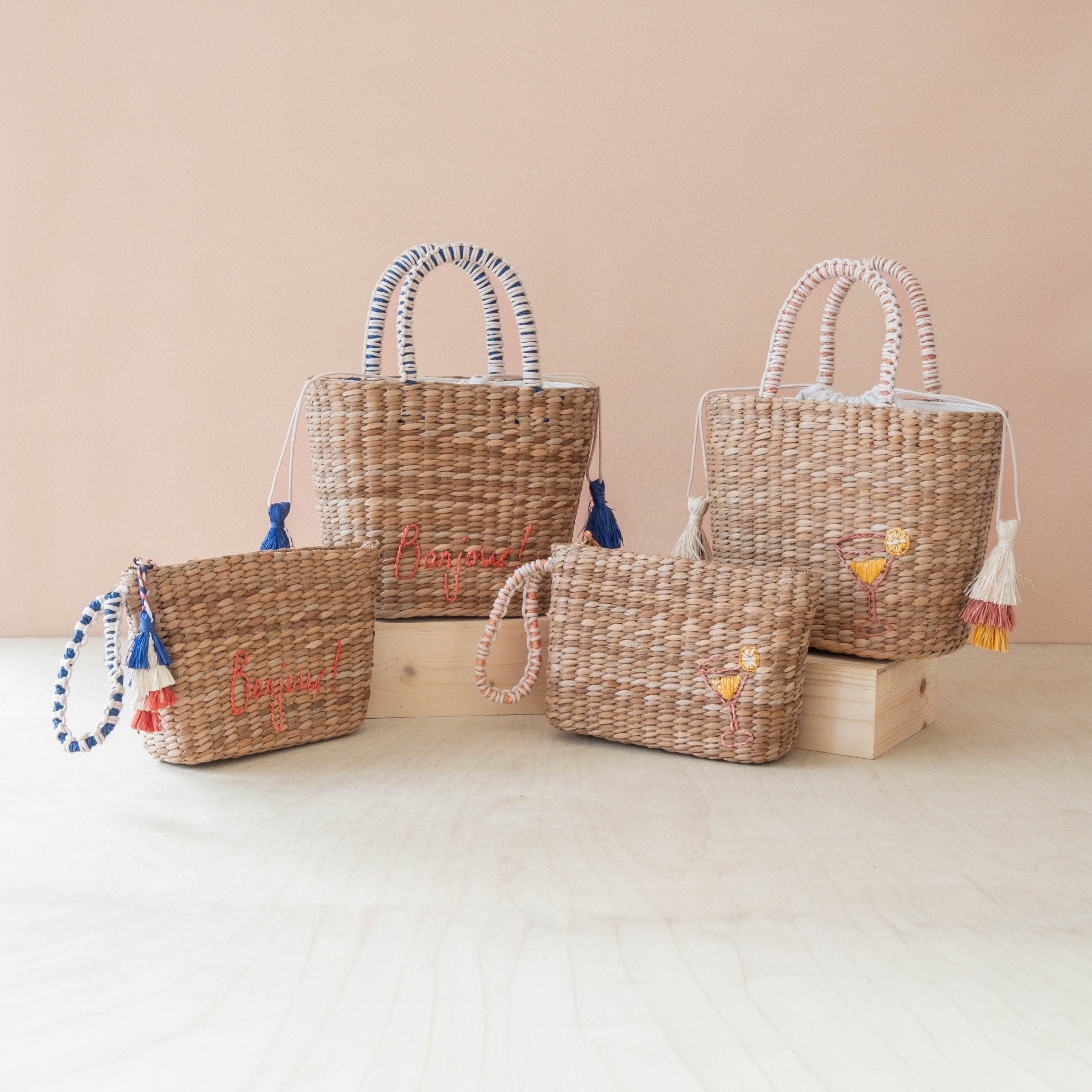 Handbags - Mini Woven Tote Bag with Embroidered Cocktail – Handcrafted Straw Tote | LIKHÂ - LIKHÂ