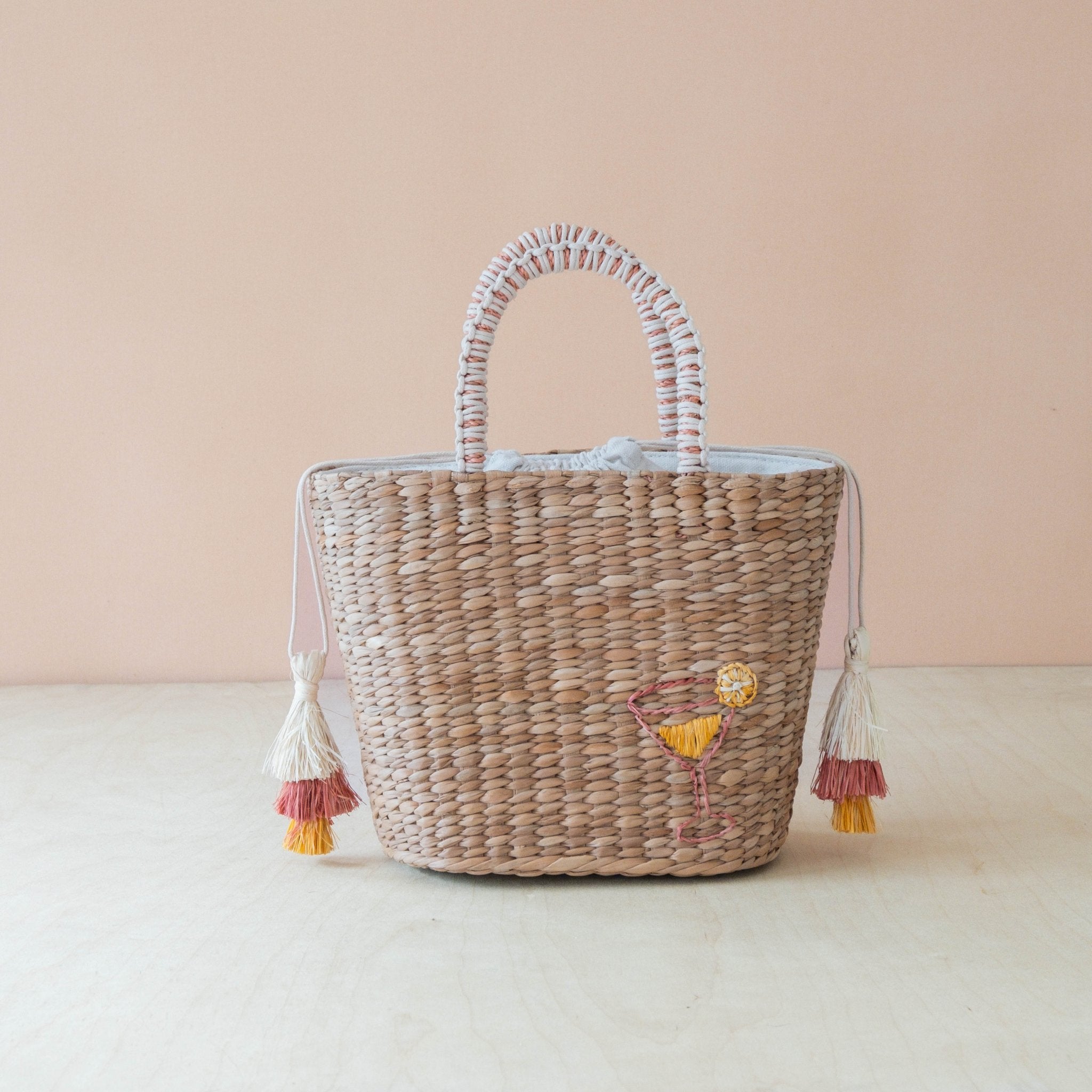 Handbags - Mini Woven Tote Bag with Embroidered Cocktail – Handcrafted Straw Tote | LIKHÂ - LIKHÂ