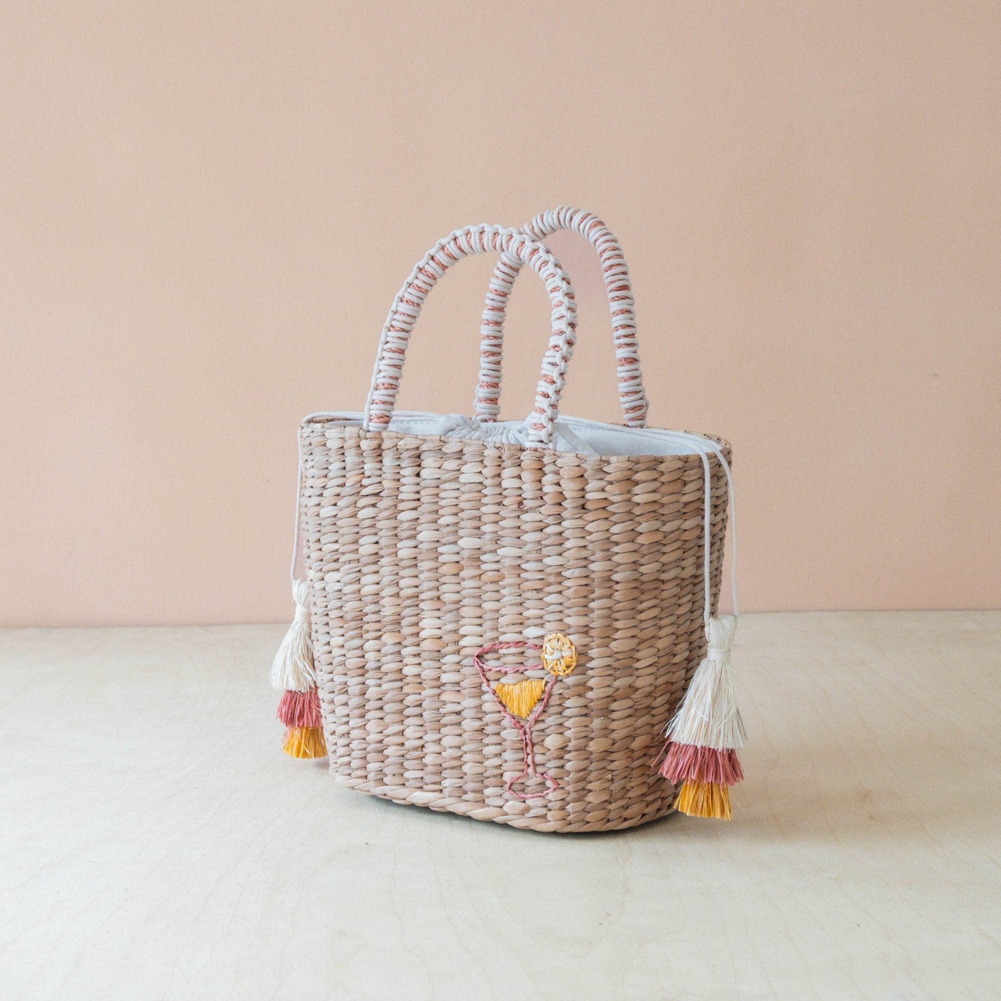 Handbags - Mini Woven Tote Bag with Embroidered Cocktail – Handcrafted Straw Tote | LIKHÂ - LIKHÂ