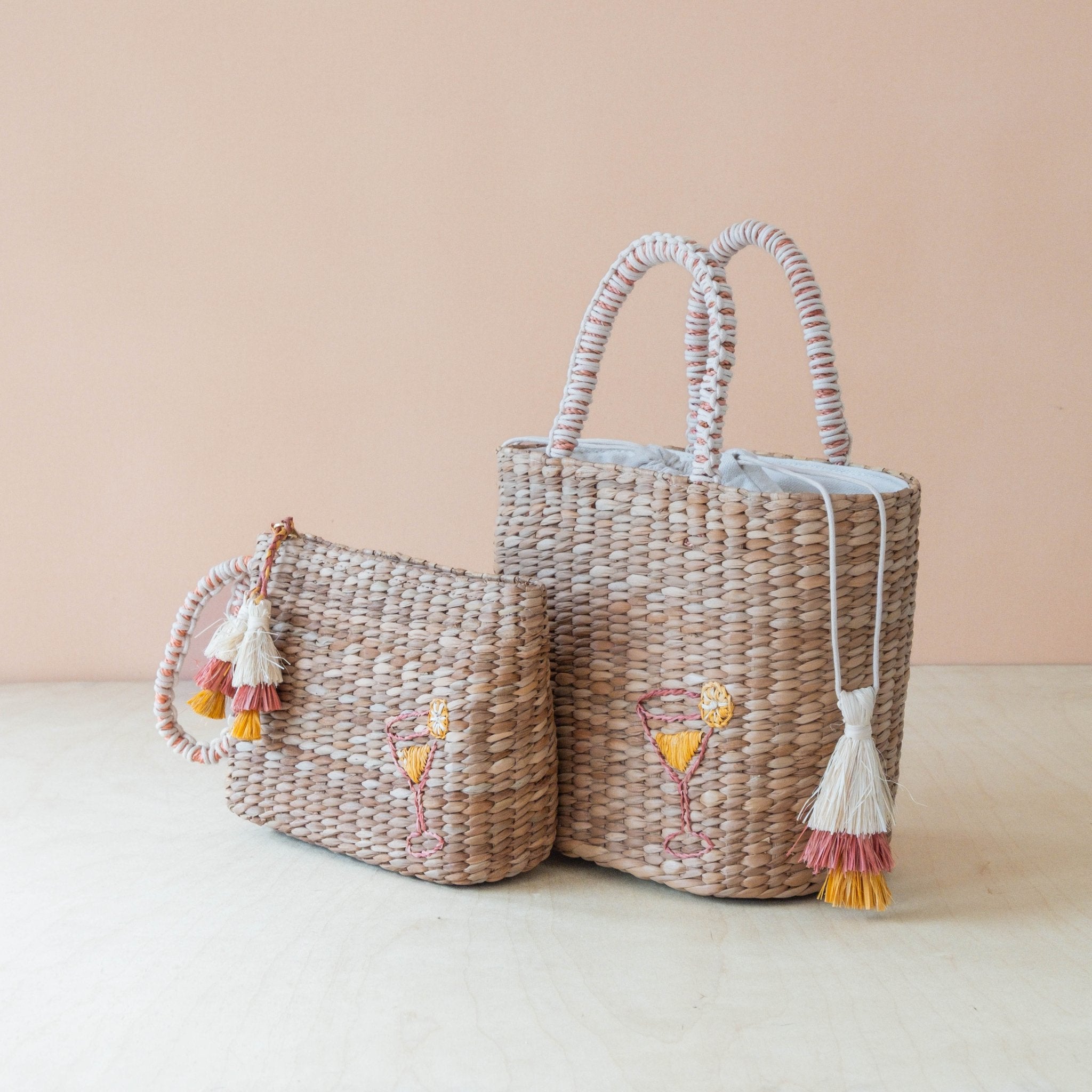 Handbags - Mini Woven Tote Bag with Embroidered Cocktail – Handcrafted Straw Tote | LIKHÂ - LIKHÂ