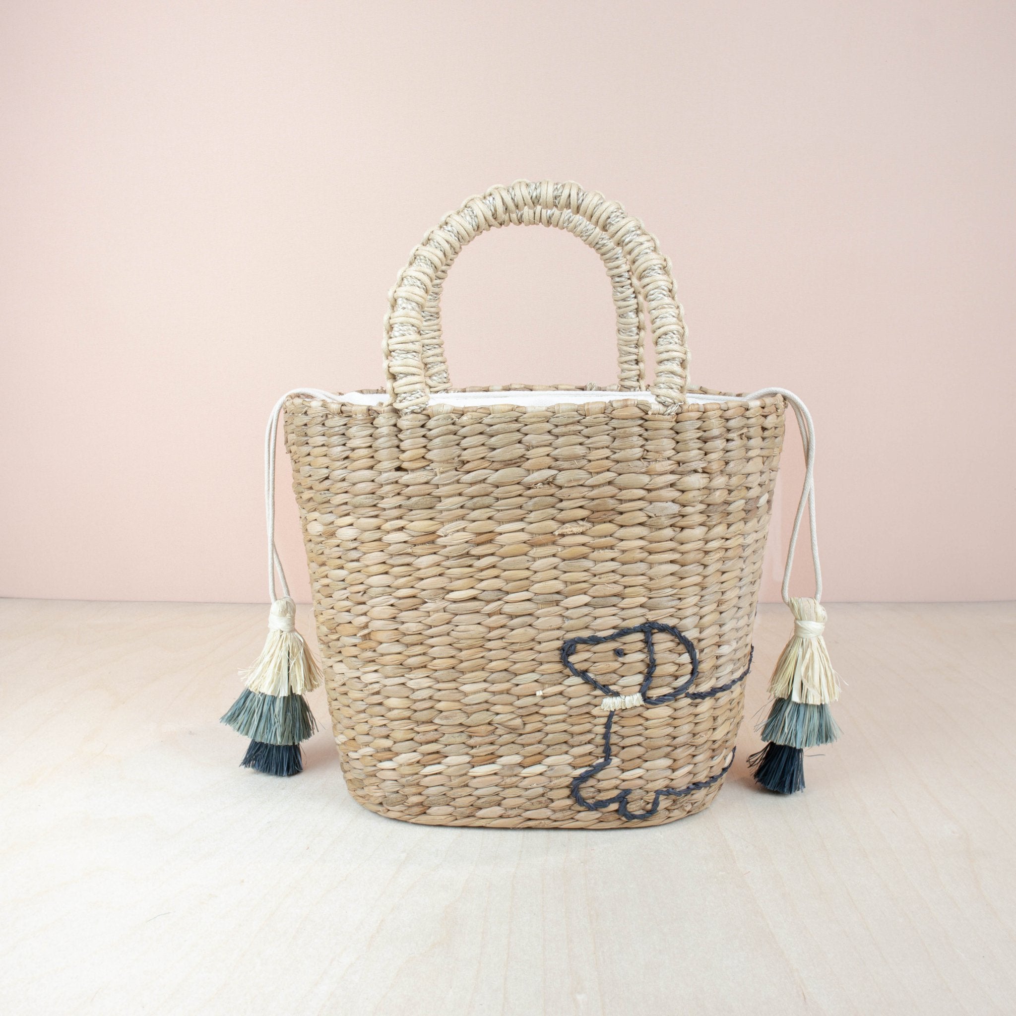 Mini Woven Tote Bag with Embroidered Dachshund Straw Tote
