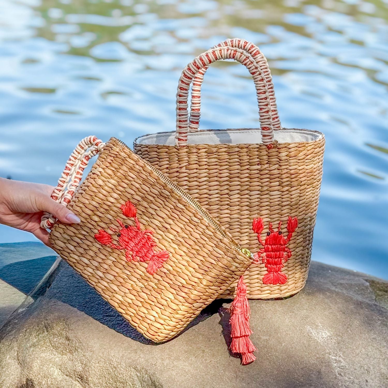 Handbags - Mini Woven Tote Bag with Embroidered Lobster – Handwoven Tote | LIKHÂ - LIKHÂ