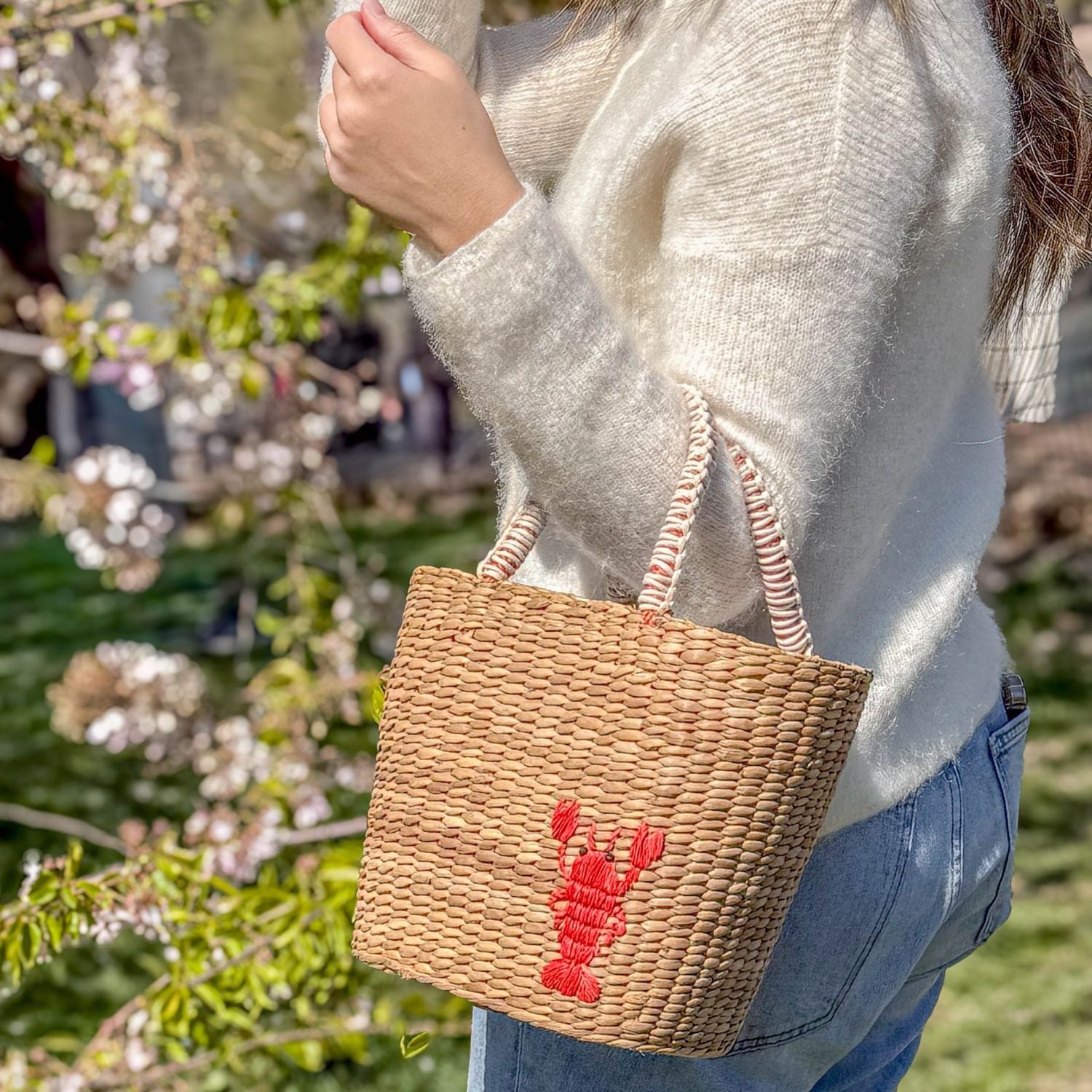 Handbags - Mini Woven Tote Bag with Embroidered Lobster – Handwoven Tote | LIKHÂ - LIKHÂ