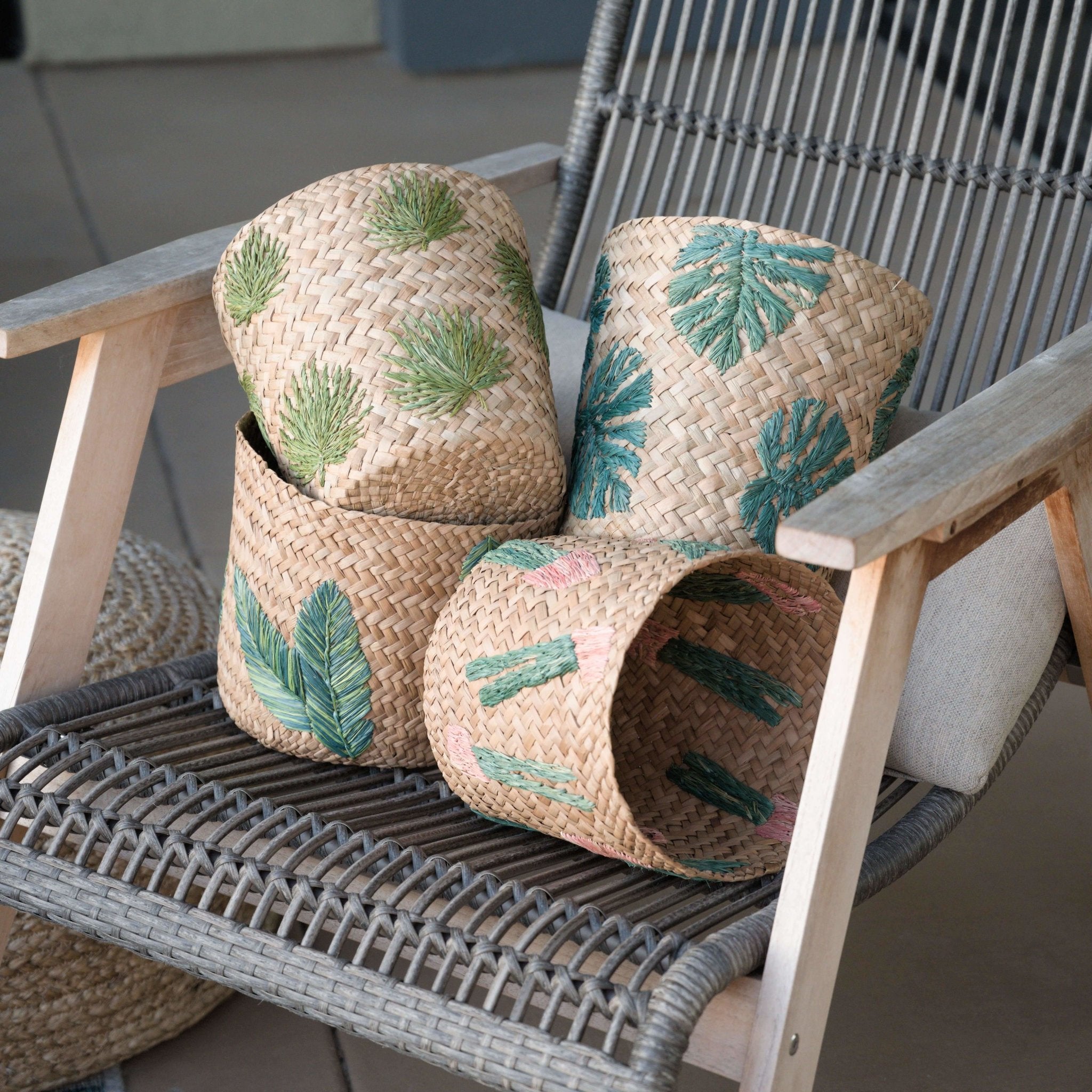 Baskets - Banana Leaf Embroidery Soft Woven Basket - Plant Baskets | LIKHÂ - LIKHÂ