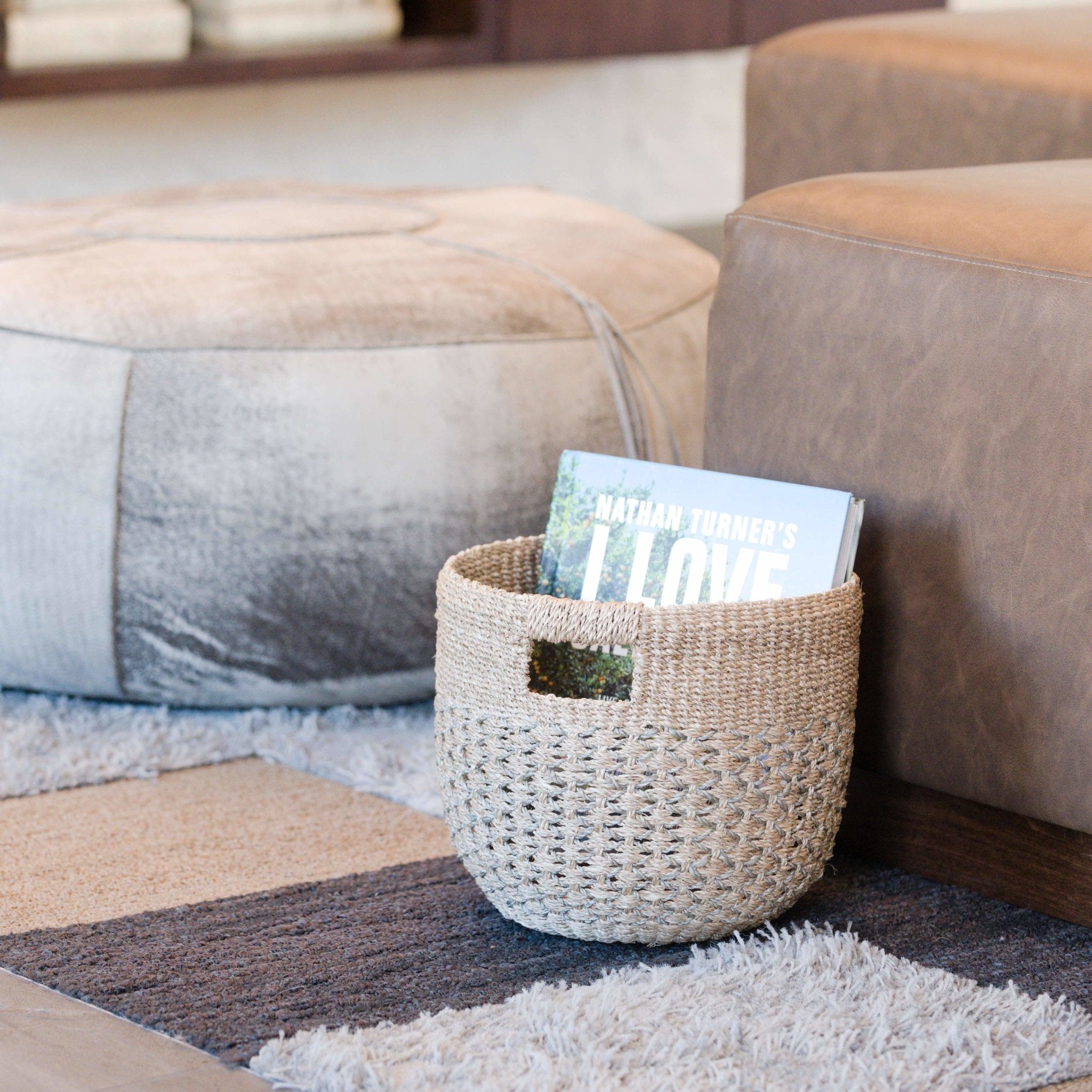 Baskets - Grey Patterned Round Woven Basket - Handcrafted Bins | LIKHÂ - LIKHÂ