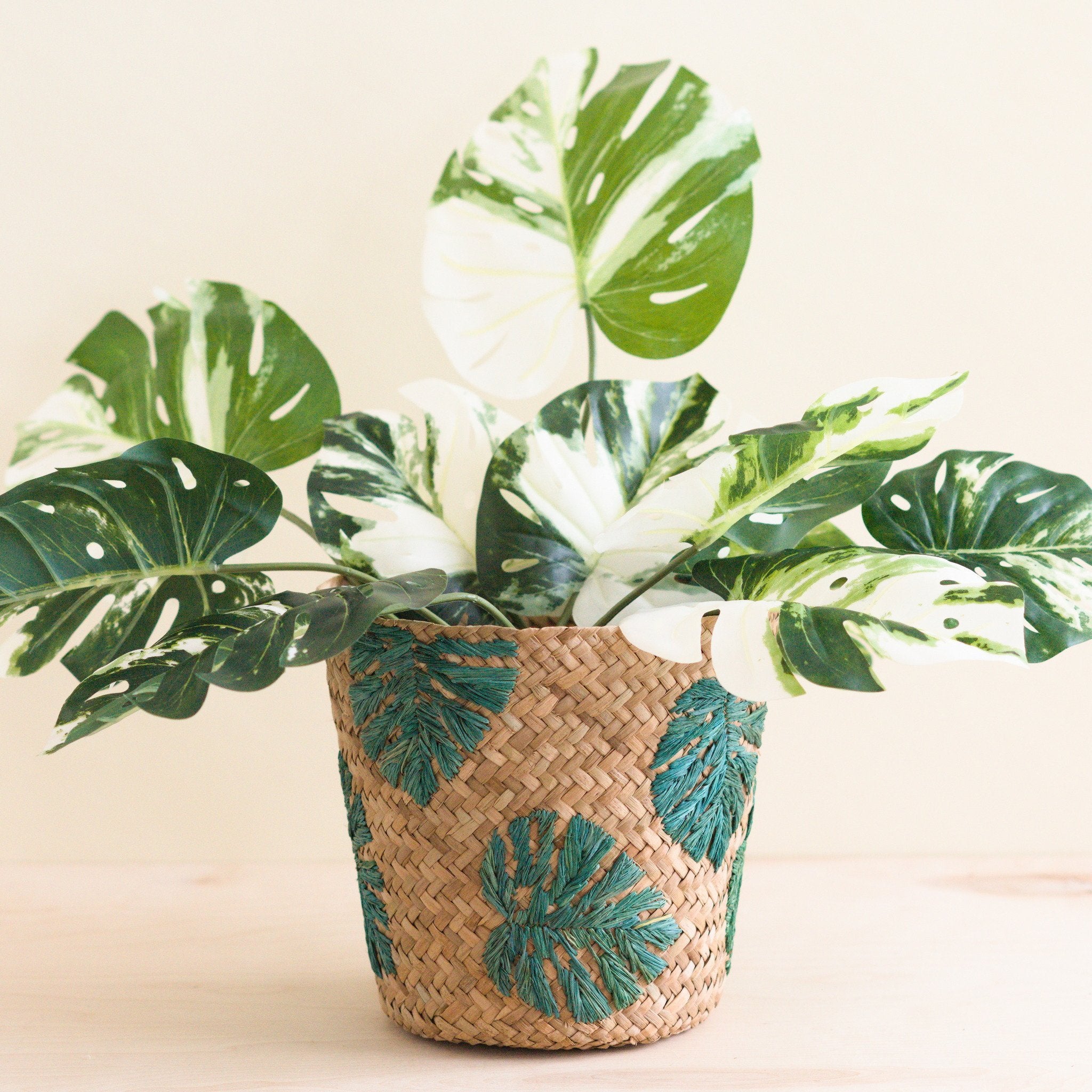 Baskets - Monstera Embroidered Soft Seagrass Planter - Woven Baskets | LIKHÂ - LIKHÂ