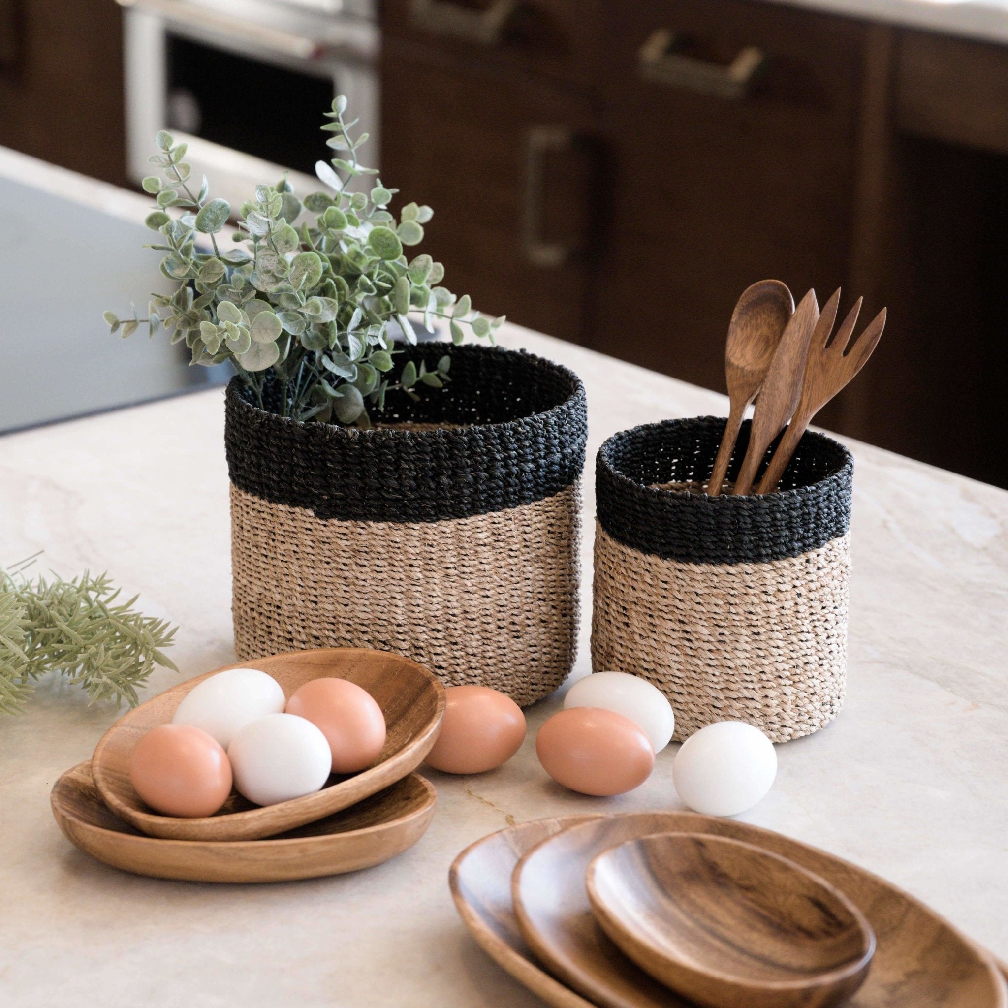 Baskets - Natural + Black Tabletop Catch-All Set of 2 - Tabletop Bins | LIKHÂ - LIKHÂ