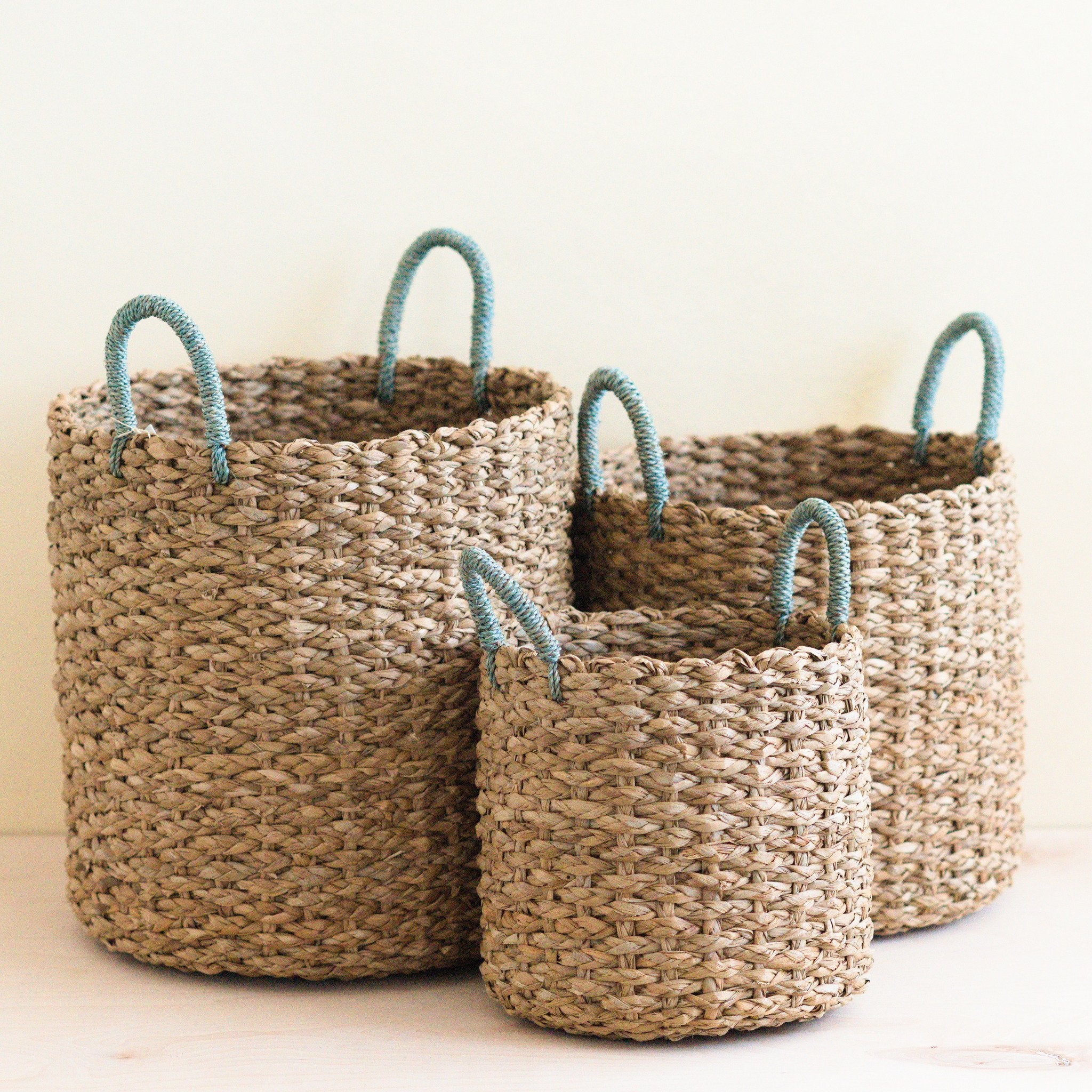 Baskets - Seagrass Woven Baskets with Sky Blue Handle Set of 3 - Straw Baskets | LIKHÂ - LIKHÂ