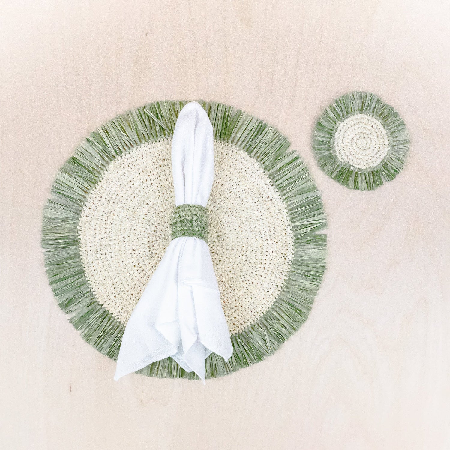 Coasters - Sage Raffia Round Crochet Coasters with Fringe, set of 4 | LIKHA - LIKHÂ