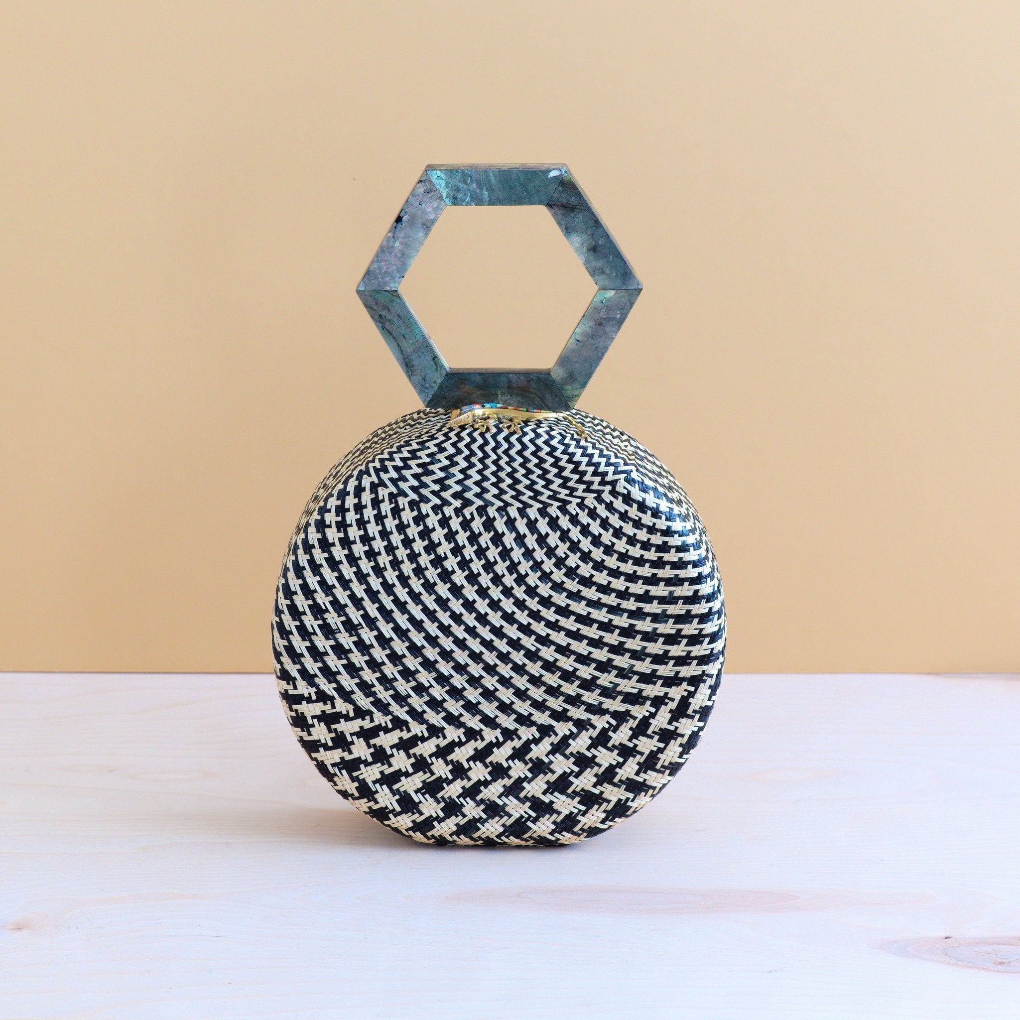 Handbags - Black Round Handwoven Handbag with Mother of Pearl Handle | LIKHÂ - LIKHÂ