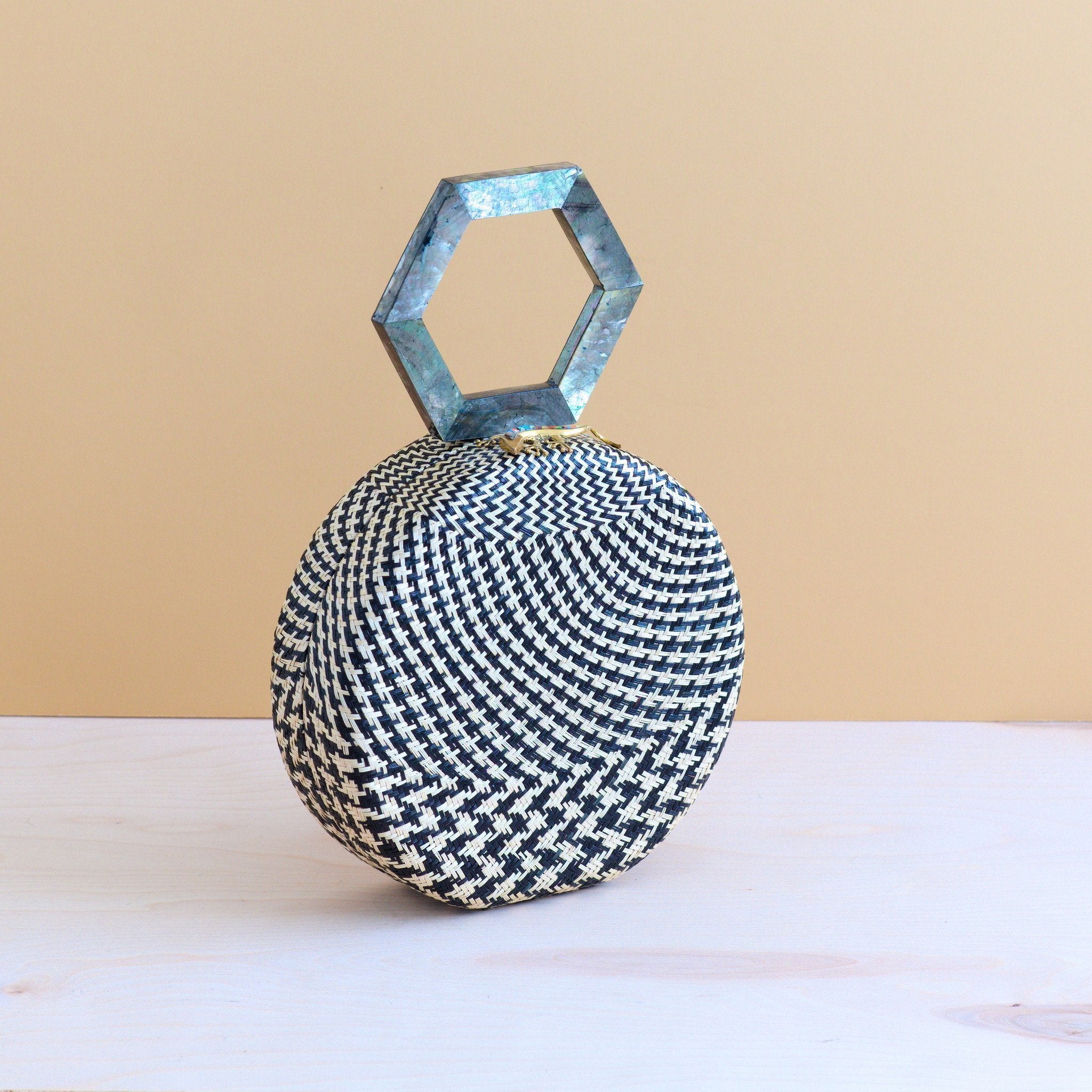Handbags - Black Round Handwoven Handbag with Mother of Pearl Handle | LIKHÂ - LIKHÂ