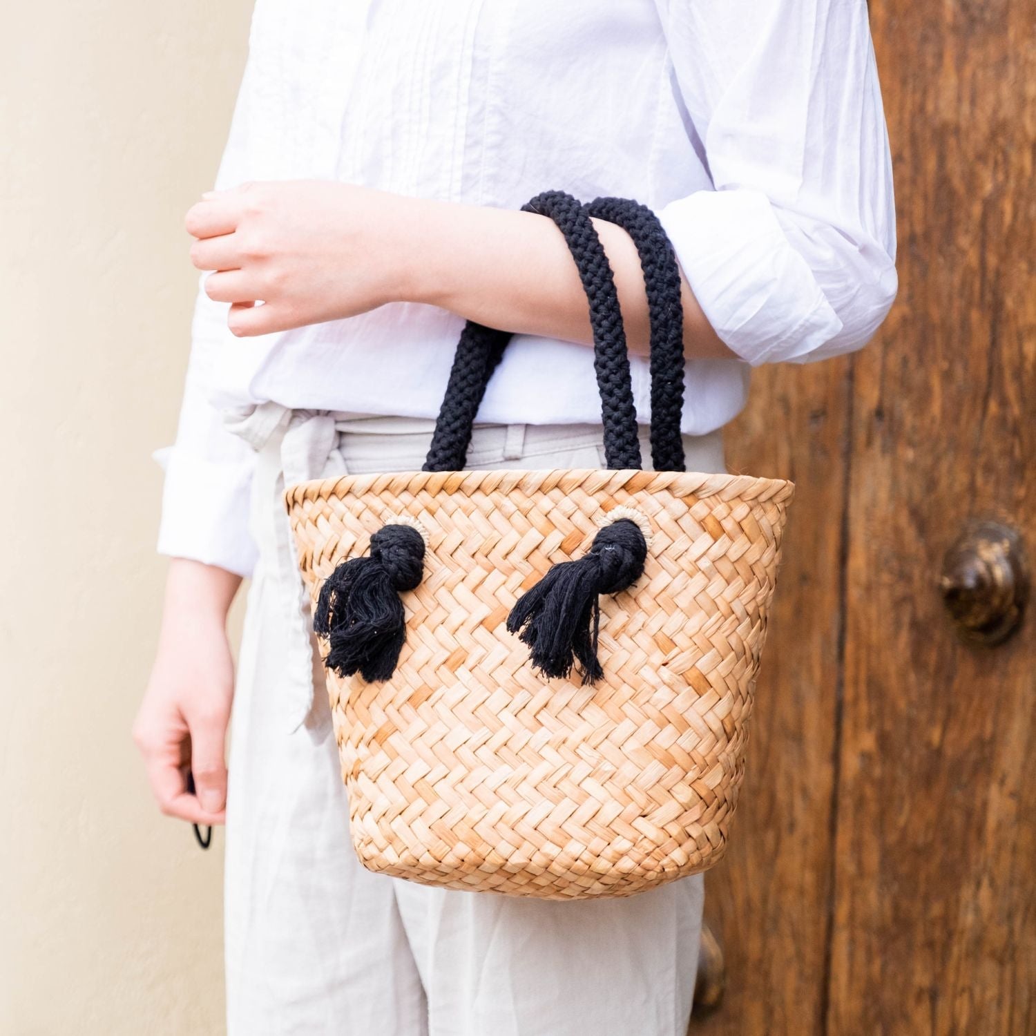 Handbags - Black Small Modern Straw Tote with Cord Handles - Classic Tote Bags | LIKHA - LIKHÂ