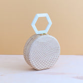 Handbags - Dusty Rose Round Straw Handbag with Mother of Pearl Handle | LIKHÂ - LIKHÂ