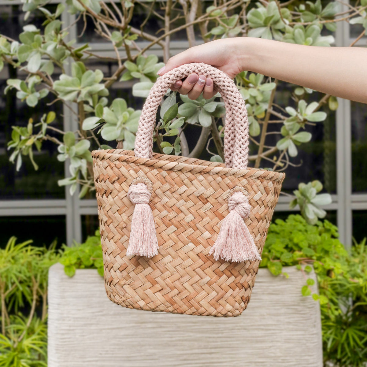 Handbags - Dusty Rose Small Modern Woven Tote with Unique Handles - Straw Tote | LIKHA - LIKHÂ