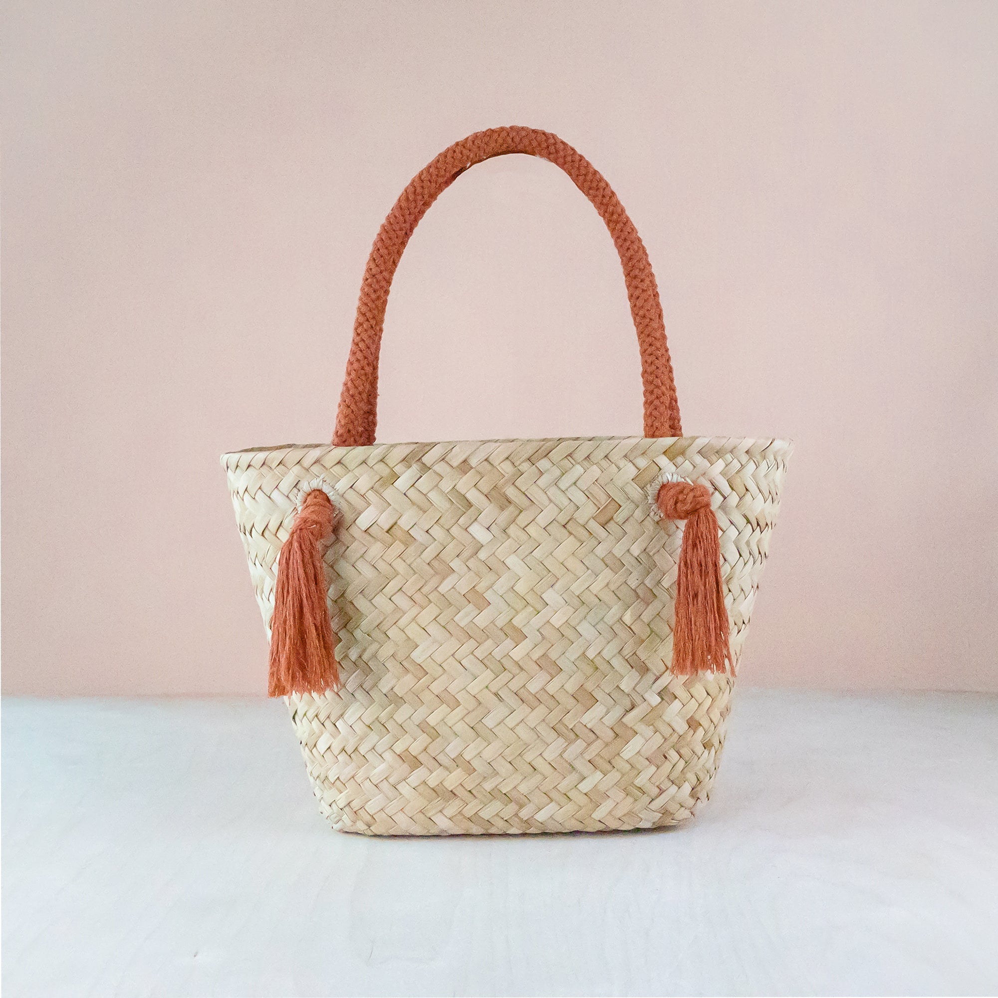 Rust Modern Woven Tote with Unique Handles Straw Tote Bags