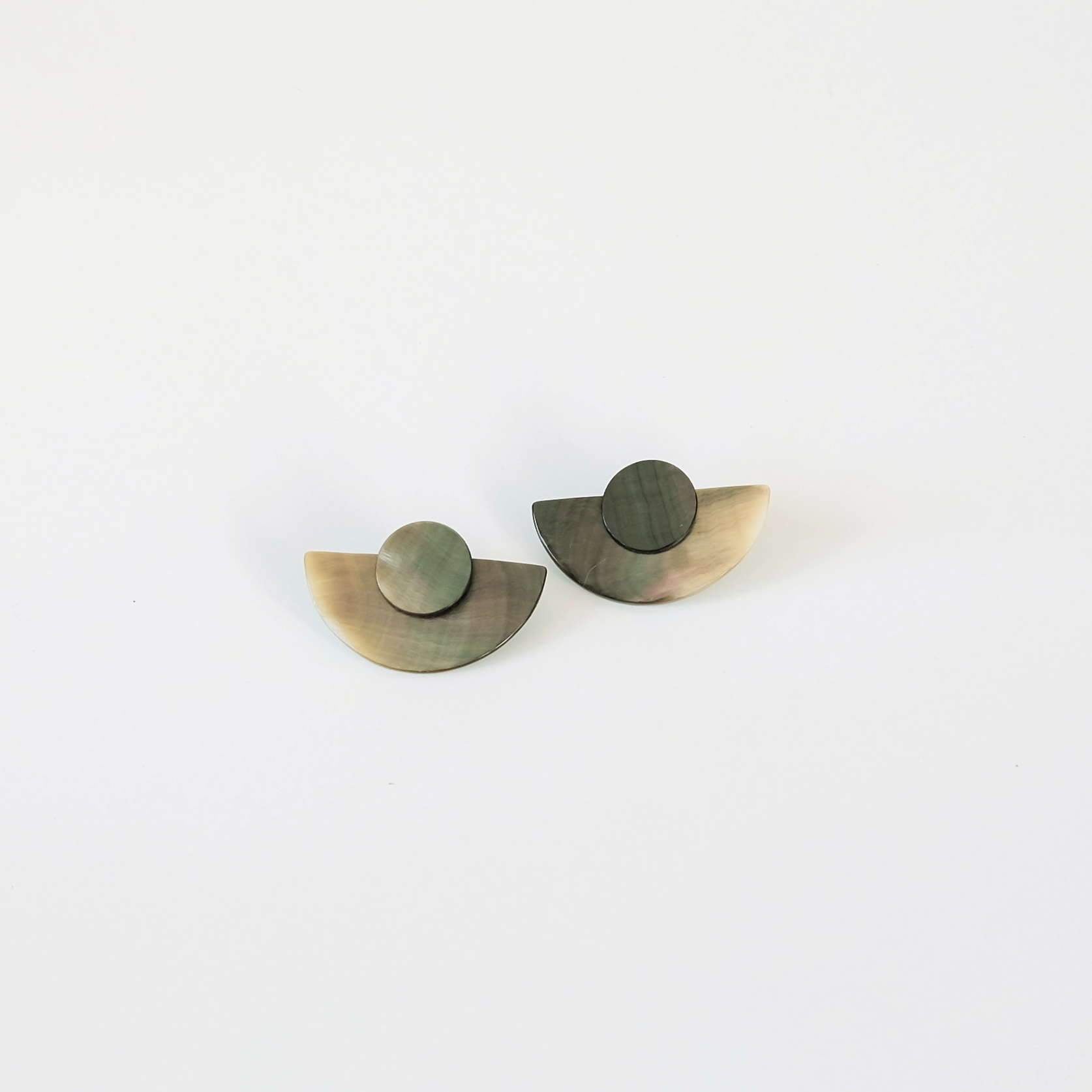 Jewelry - 3-in-1 Iridescent Grey Circle and Halfmoon Geometric Studs - Mother of Pearl Earrings | LIKHÂ - LIKHÂ