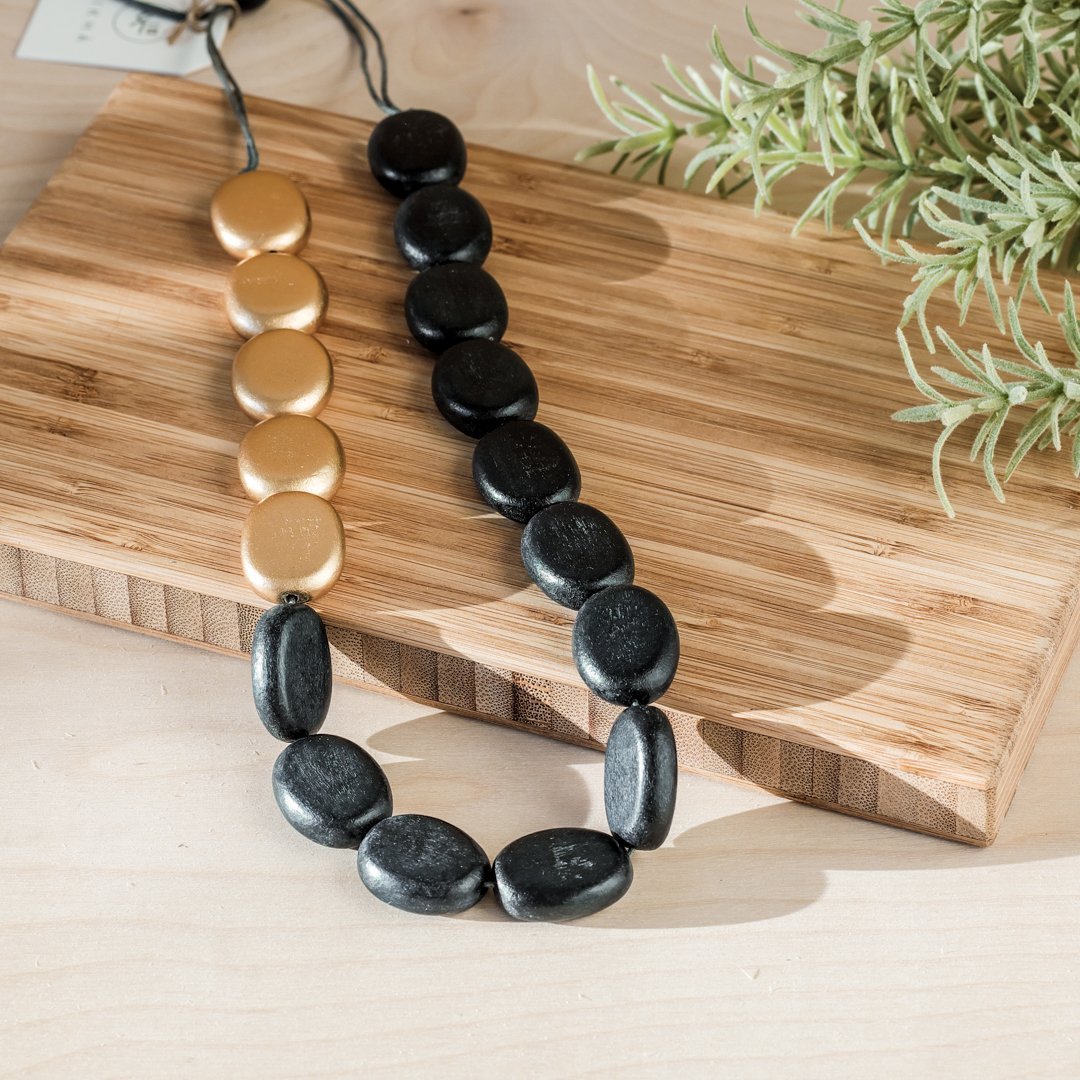 Jewelry - Gold and Charcoal Wooden Bead Necklace | LIKHÂ - LIKHÂ
