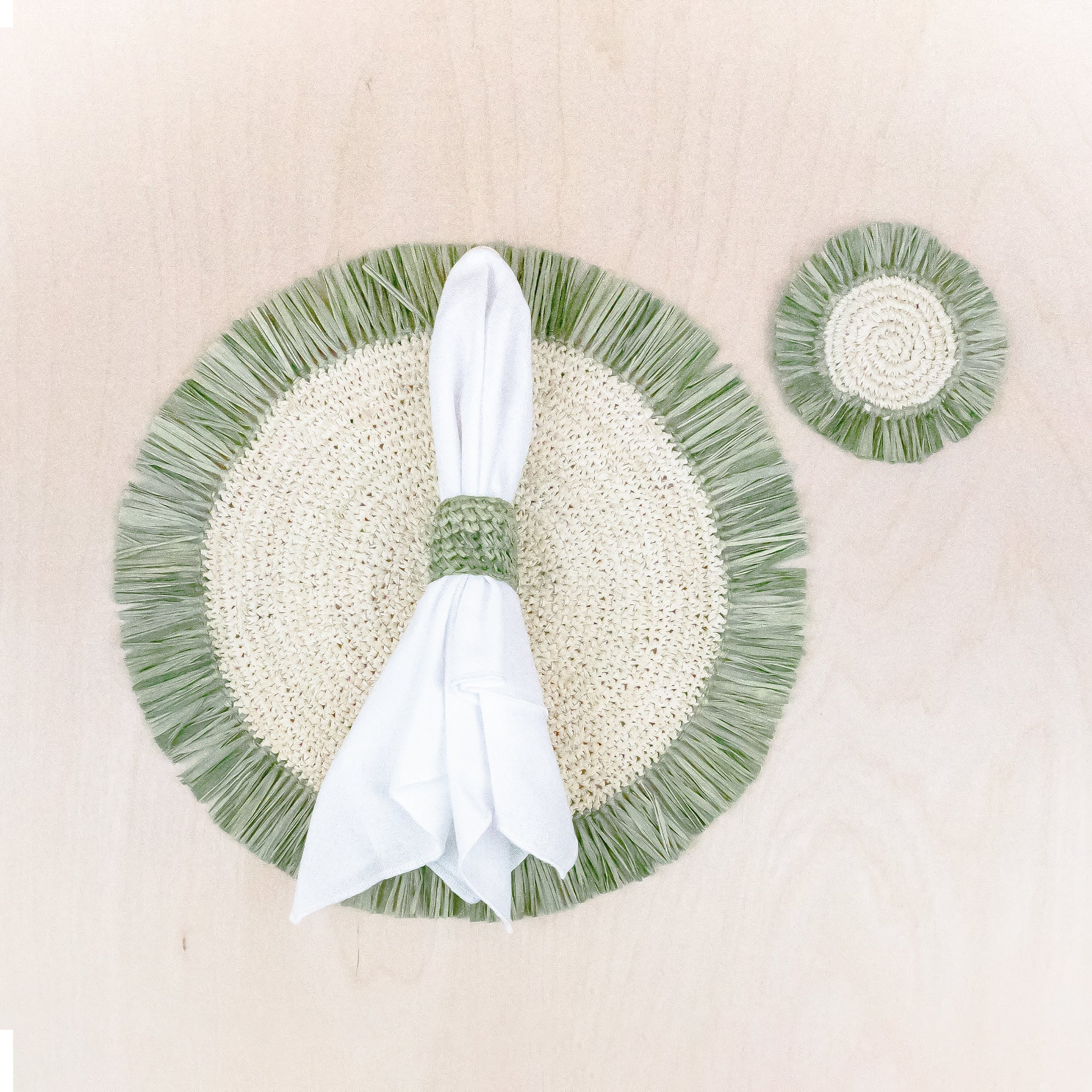 Placemats - Sage Raffia Round Placemat with Fringe - Woven Placemats | LIKHA - LIKHÂ