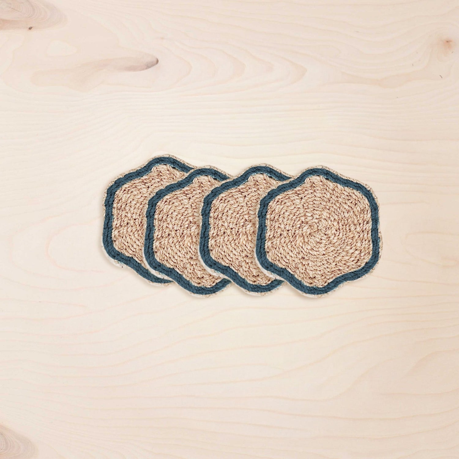 Coasters - Blue Trim Scallop Coasters, set of 4 – Artisan Woven Coasters | LIKHÂ - LIKHÂ