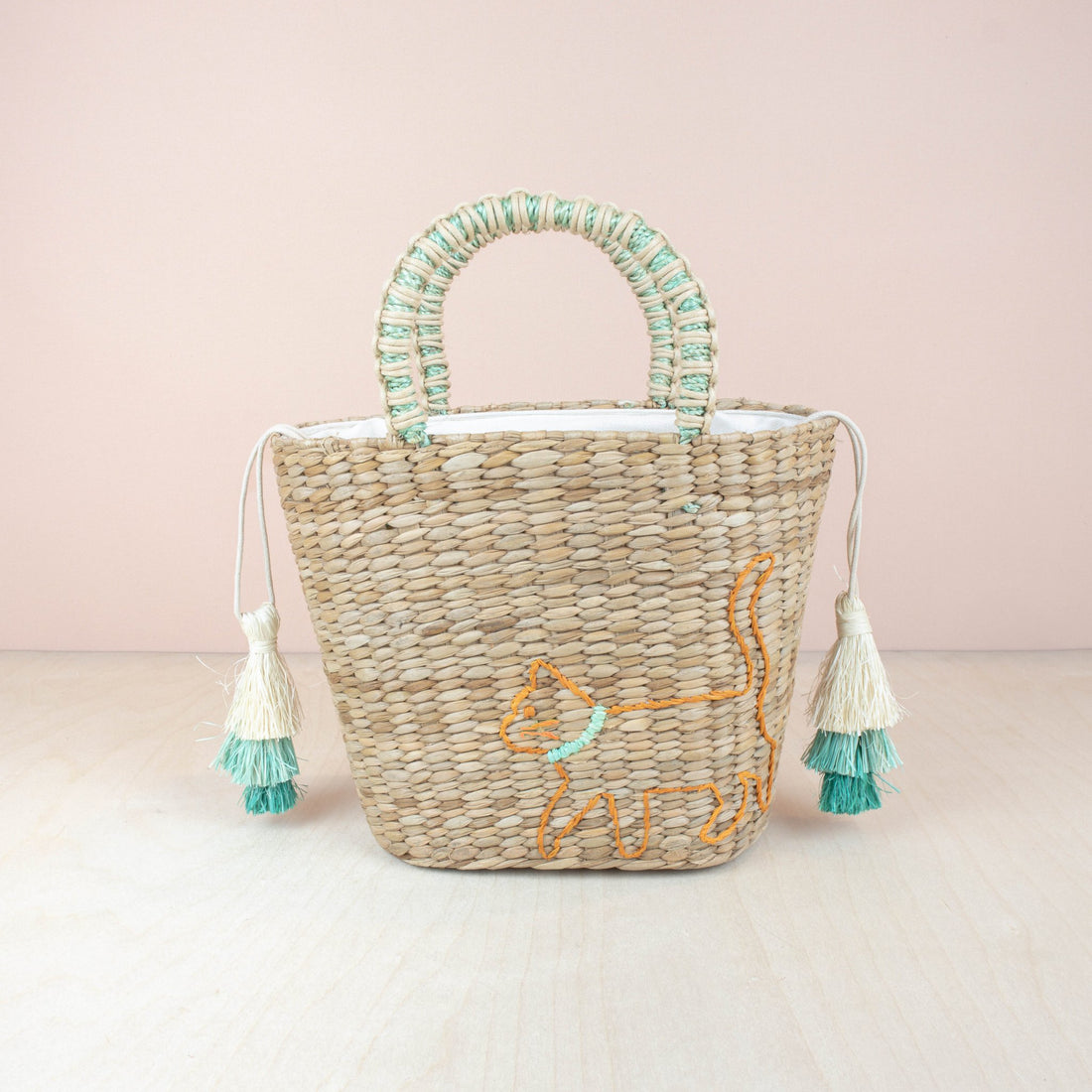 Handbags - Mini Tote Bag with Embroidered Cat - Straw Tote | LIKHA - LIKHÂ