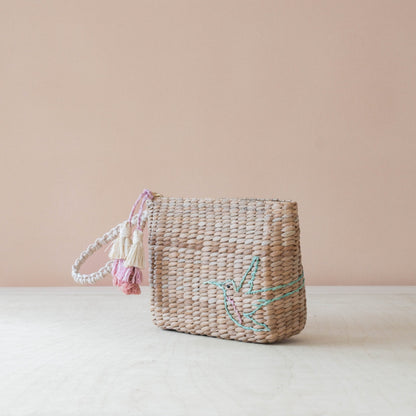 Handbags - Mini Woven Pouch with Wristlet and Embroidered Hummingbird – Designer Pouch | LIKHÂ - LIKHÂ