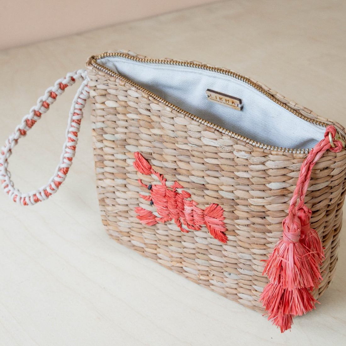 Handbags - Mini Woven Pouch with Wristlet and Embroidered Lobster – Artisan Wristlet | LIKHÂ - LIKHÂ