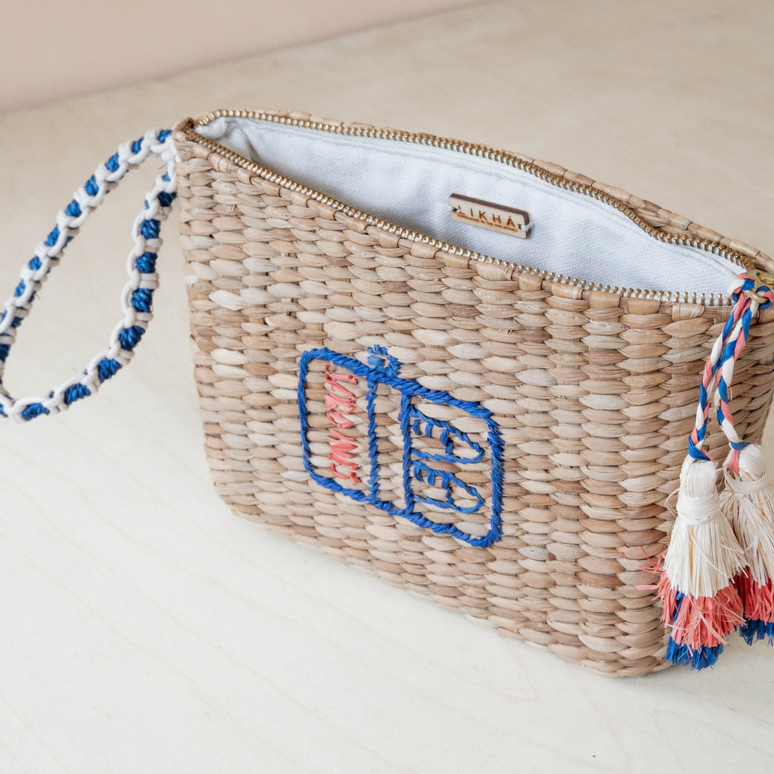 Handbags - Mini Woven Pouch with Wristlet and Embroidered Sardine Can – Handwoven Pouch | LIKHÂ - LIKHÂ
